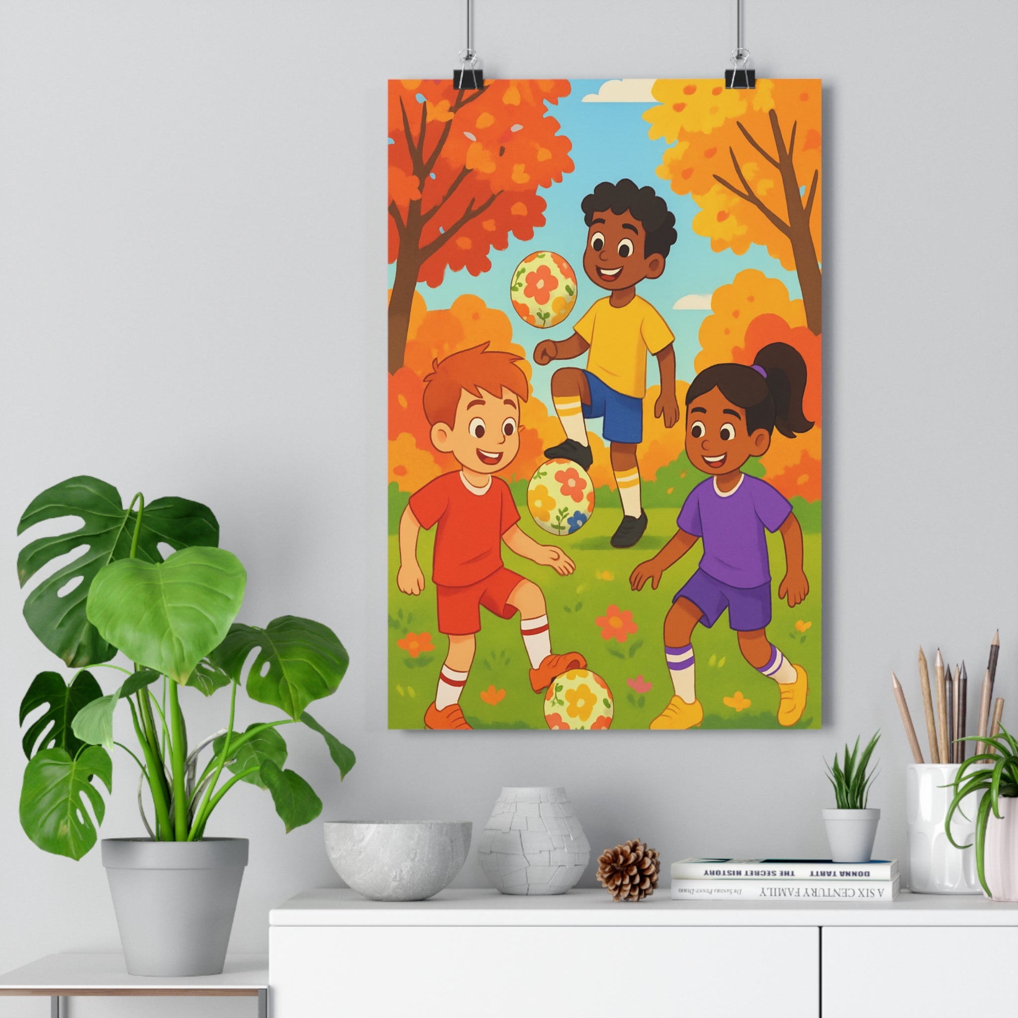Poster décoratif enfants football pastel joyeux automne rouge jaune violet chambre créatif parc chaleureux