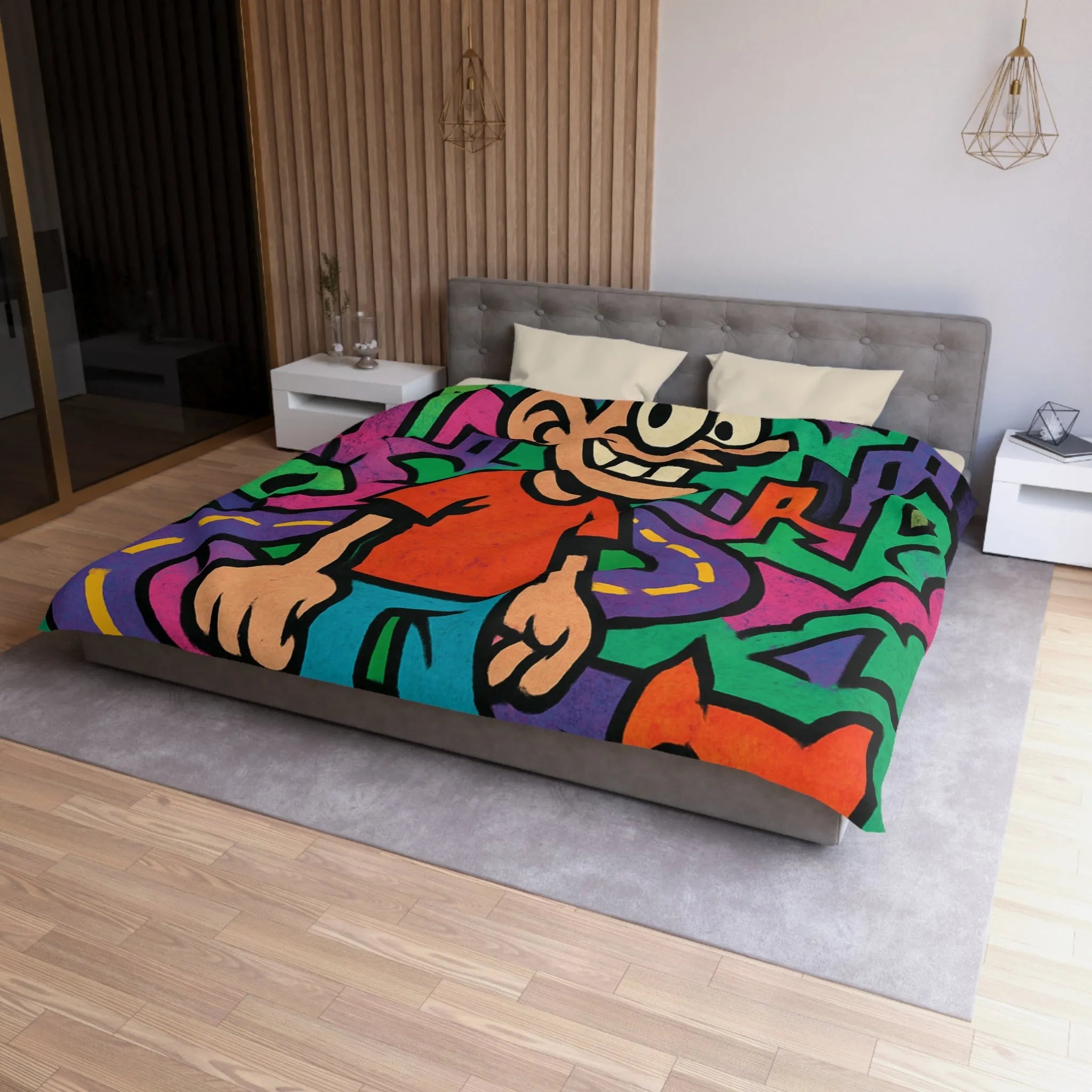 Housse de couette colorée motifs urbains et dessins animés, style pop art dynamique