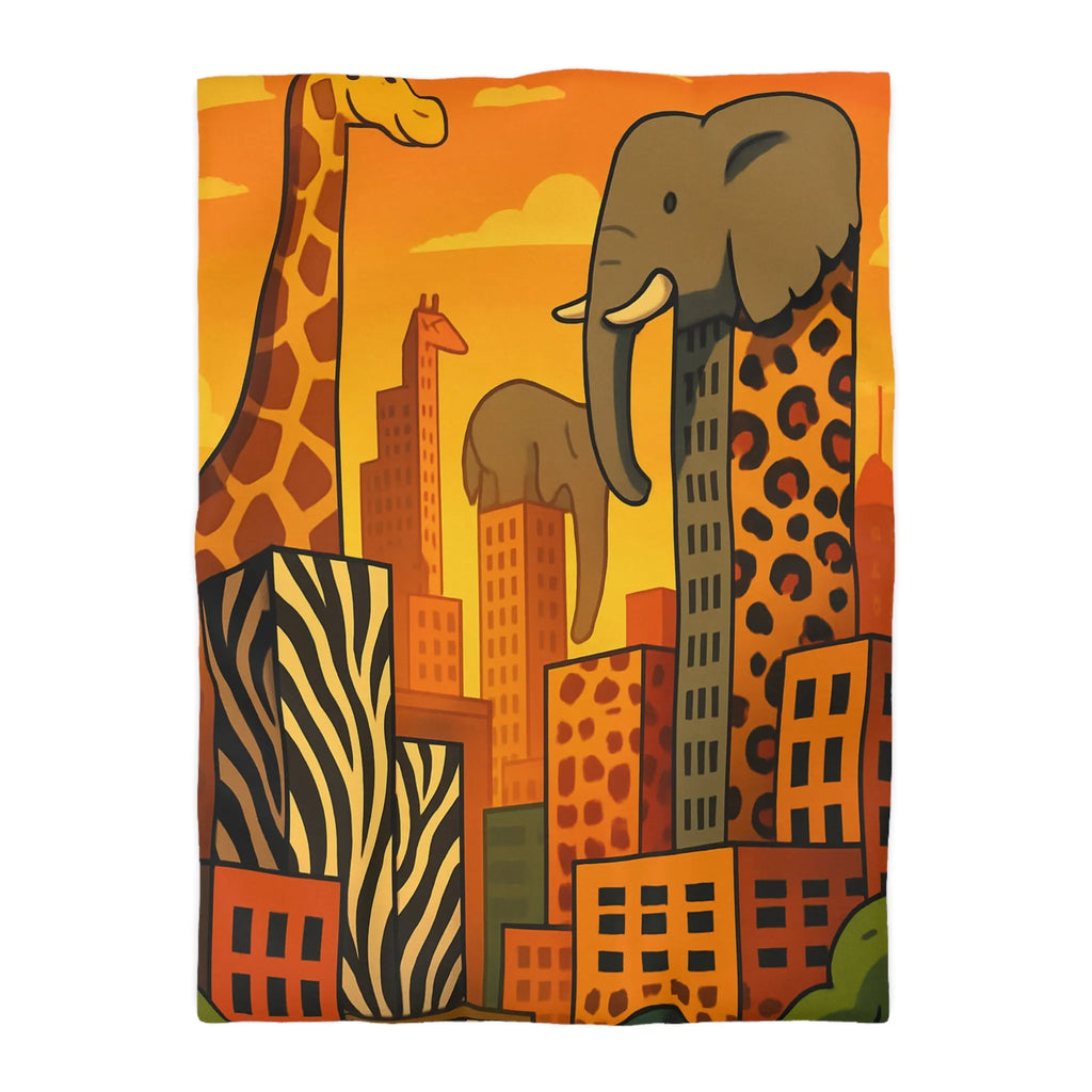 Housse de couette jungle urbaine : gratte-ciel animaux dans tons chauds, motif sauvage