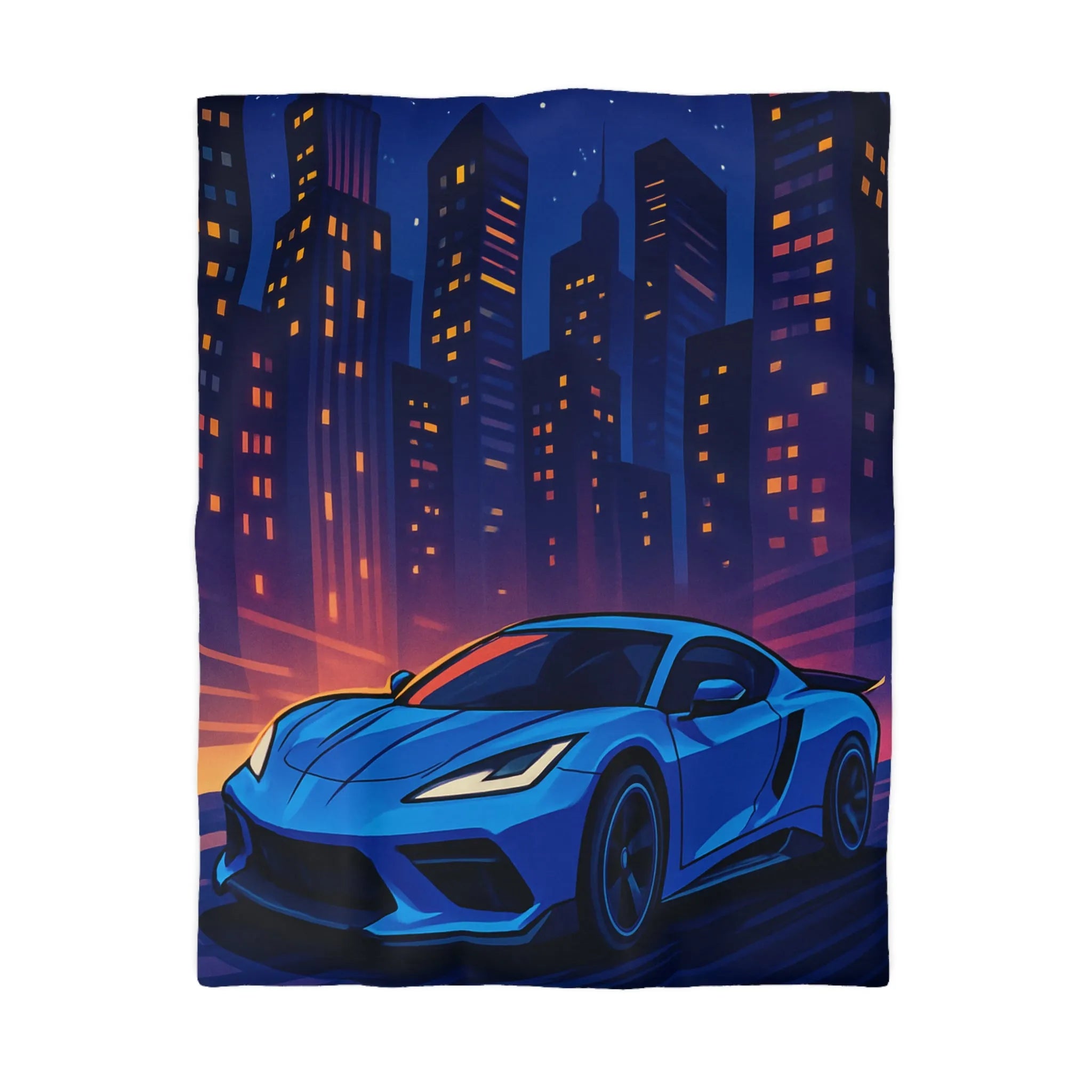 Housse de couette avec voiture bleue moderne et paysage urbain éclairé la nuit