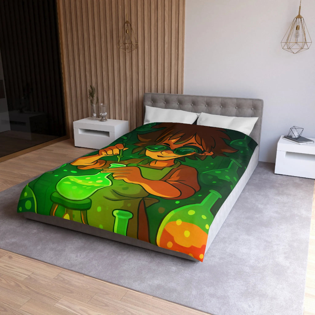 Housse de couette colorée avec un jeune chimiste dans un laboratoire mystérieux et magique