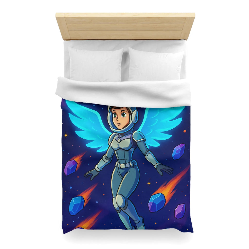 Housse de couette astronaute ailé dans l'espace avec étoiles et nébuleuses colorées