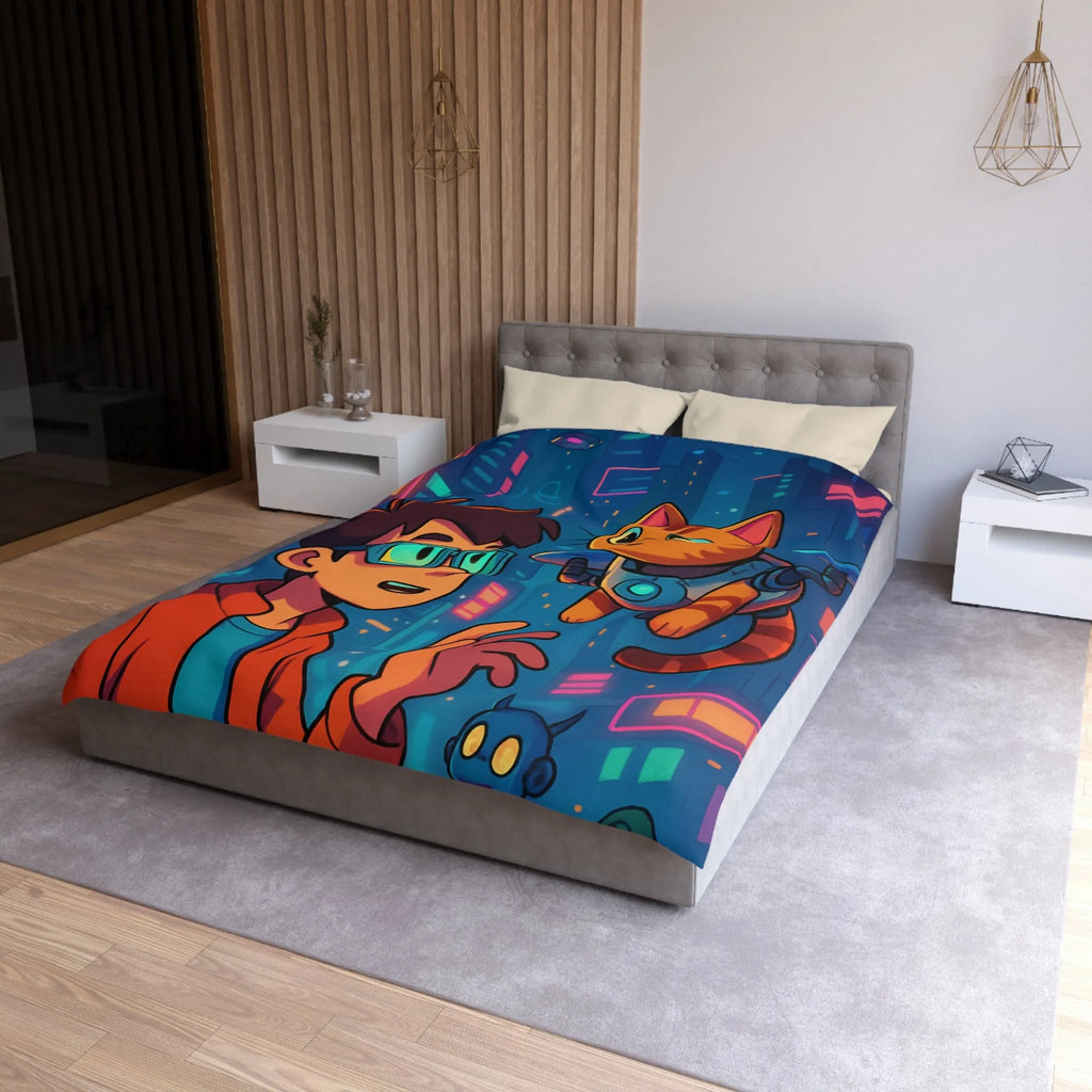 Housse de couette enfants style futuriste avec garçon et chat dans ville cyber