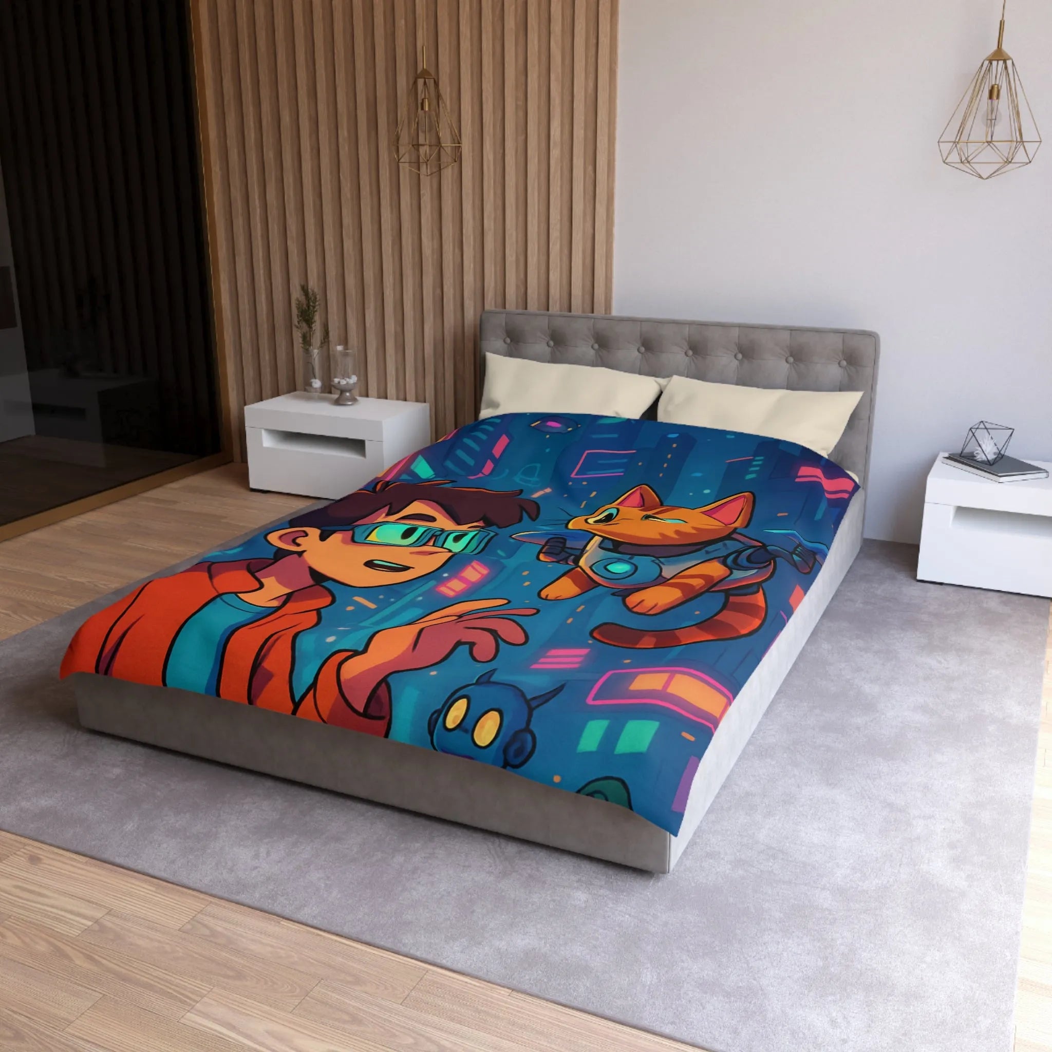 Housse de couette enfants style futuriste avec garçon et chat dans ville cyber