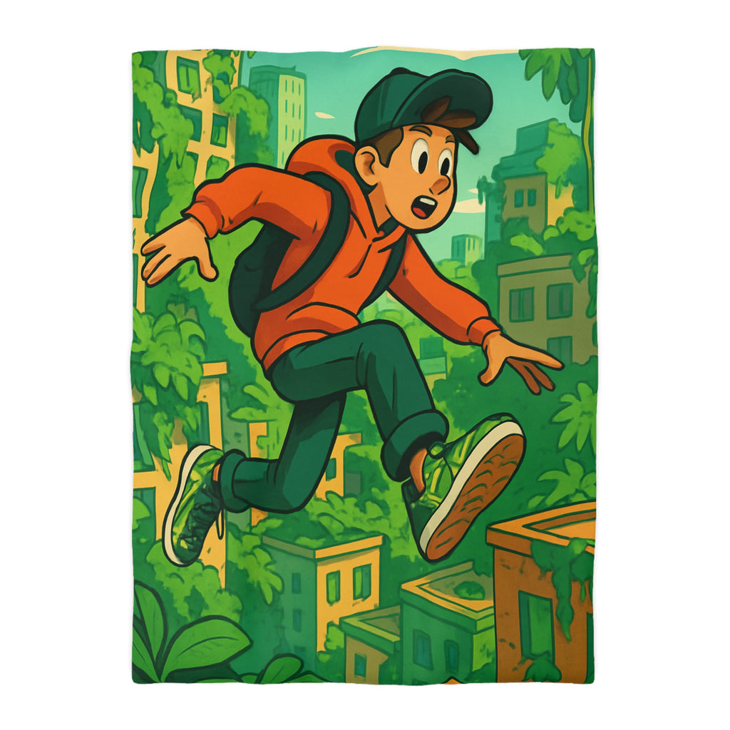 Housse de Couette Motif Urbain Vert avec Garçon Aventurier en Tenue Décontractée