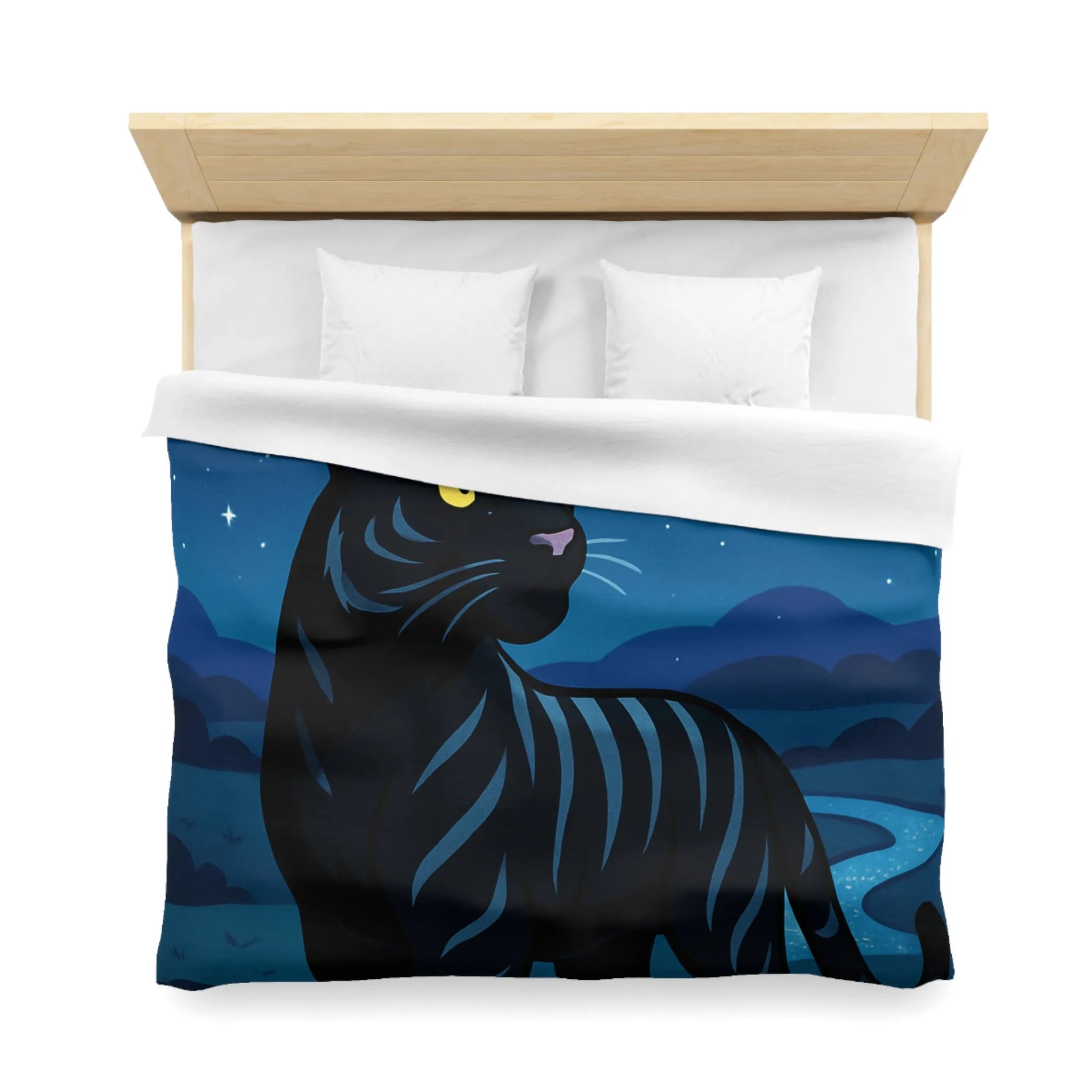 Housse de couette étoilée : Chat noir constellé sous une pleine lune éclatante