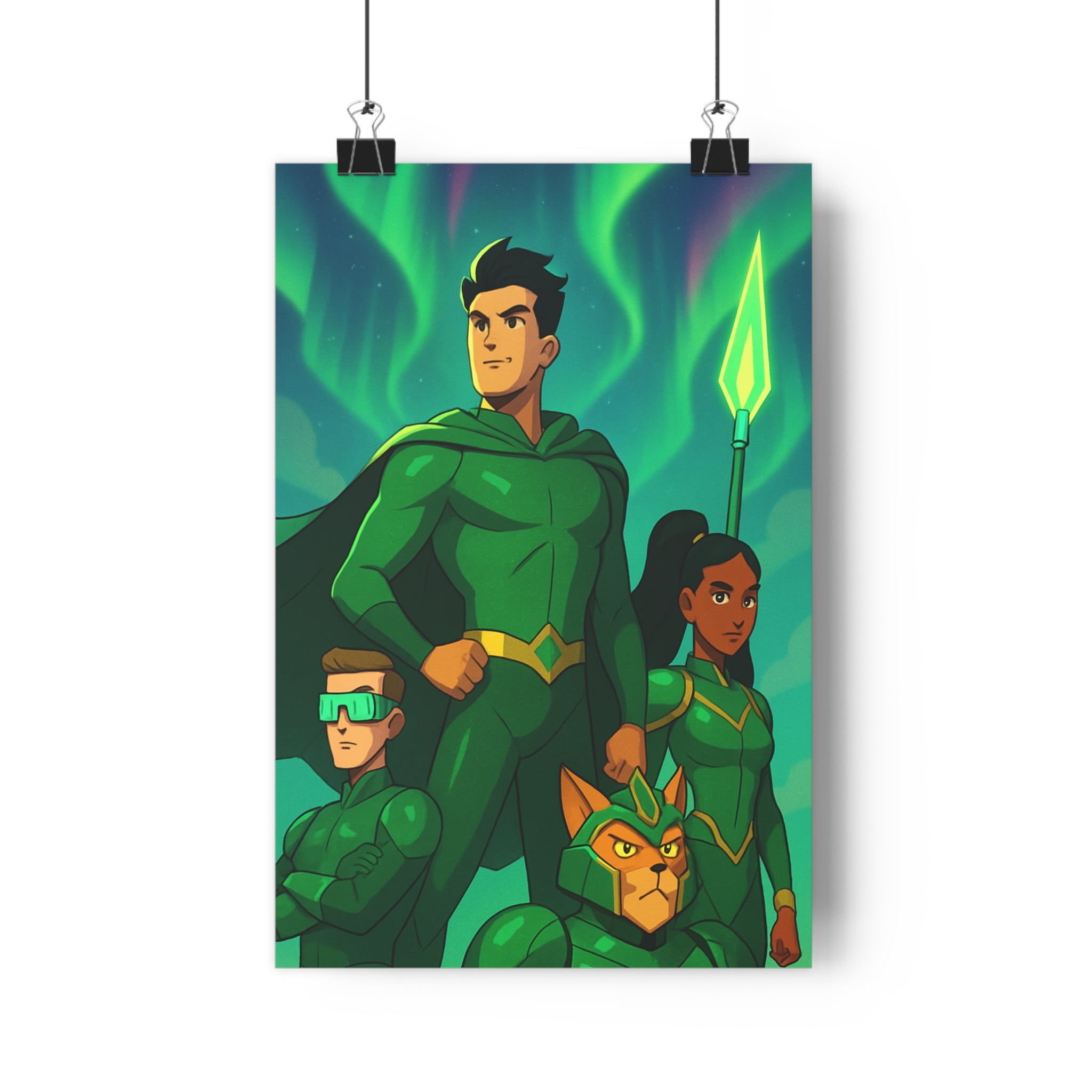 Poster décoratif superhéros vert cape animé dynamique aventure salon chambre moderne vibrant lumineux qualité