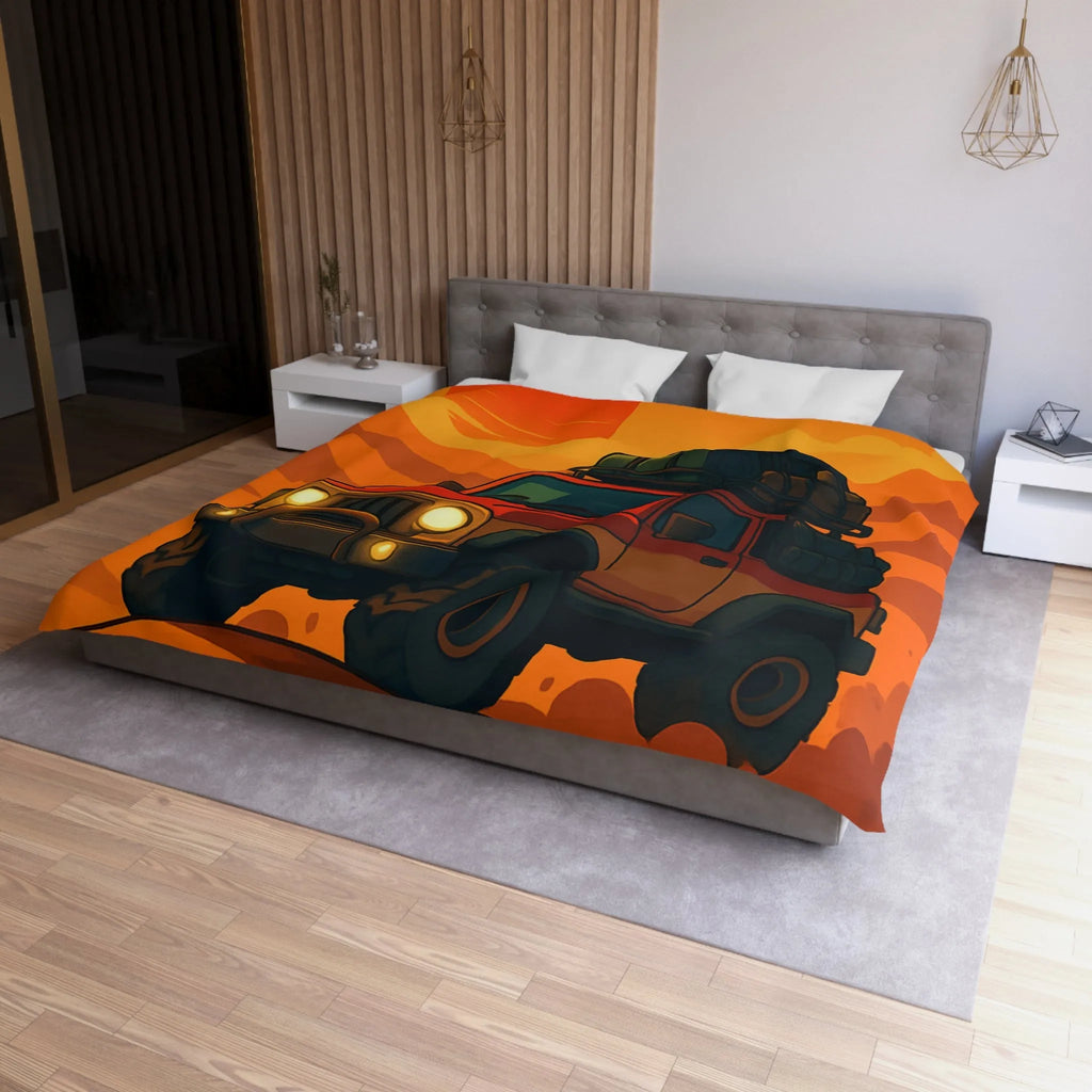 Housse de couette aventure désert rouge avec 4x4 et coucher de soleil éclatant