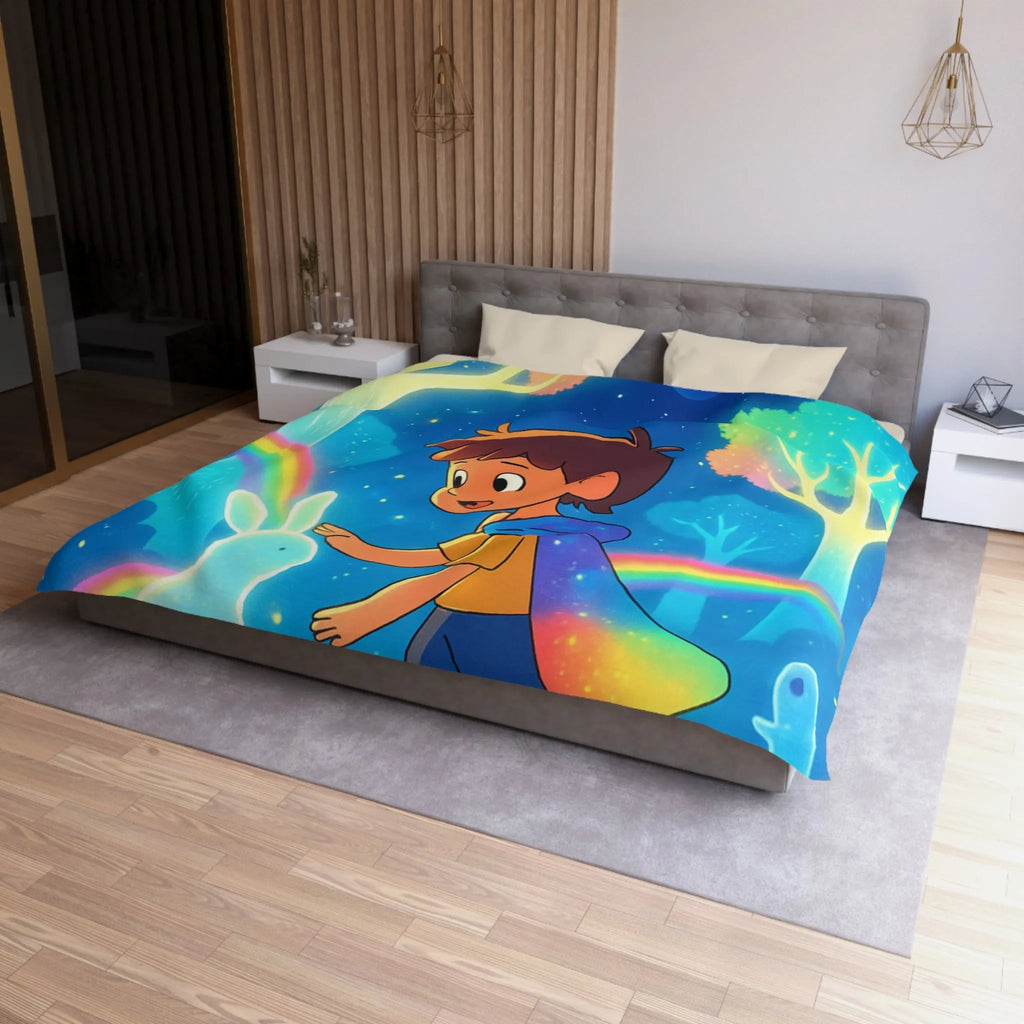 Housse de couette enfantine aux créatures lumineuses et arcs-en-ciel dans forêt enchantée