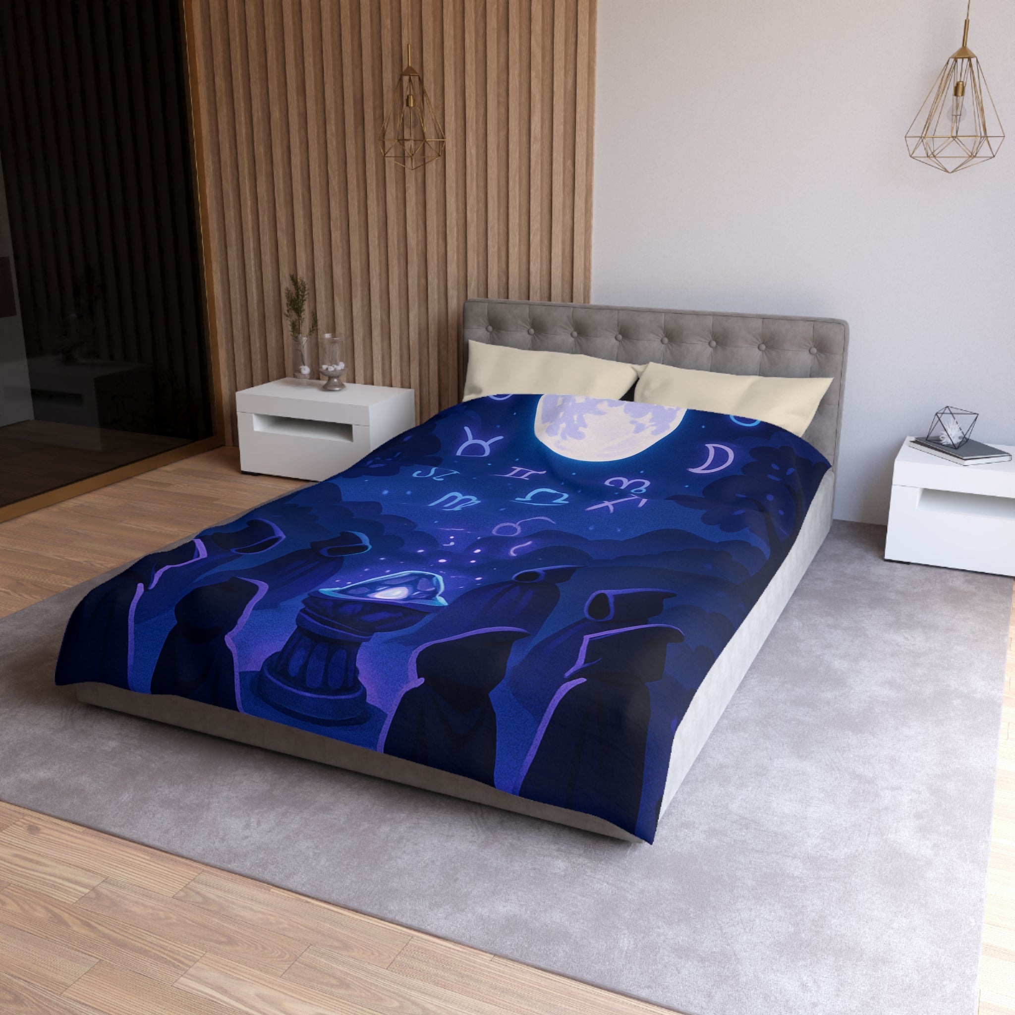 Housse de couette mystique avec symboles zodiacaux et lune pour ambiance ésotérique