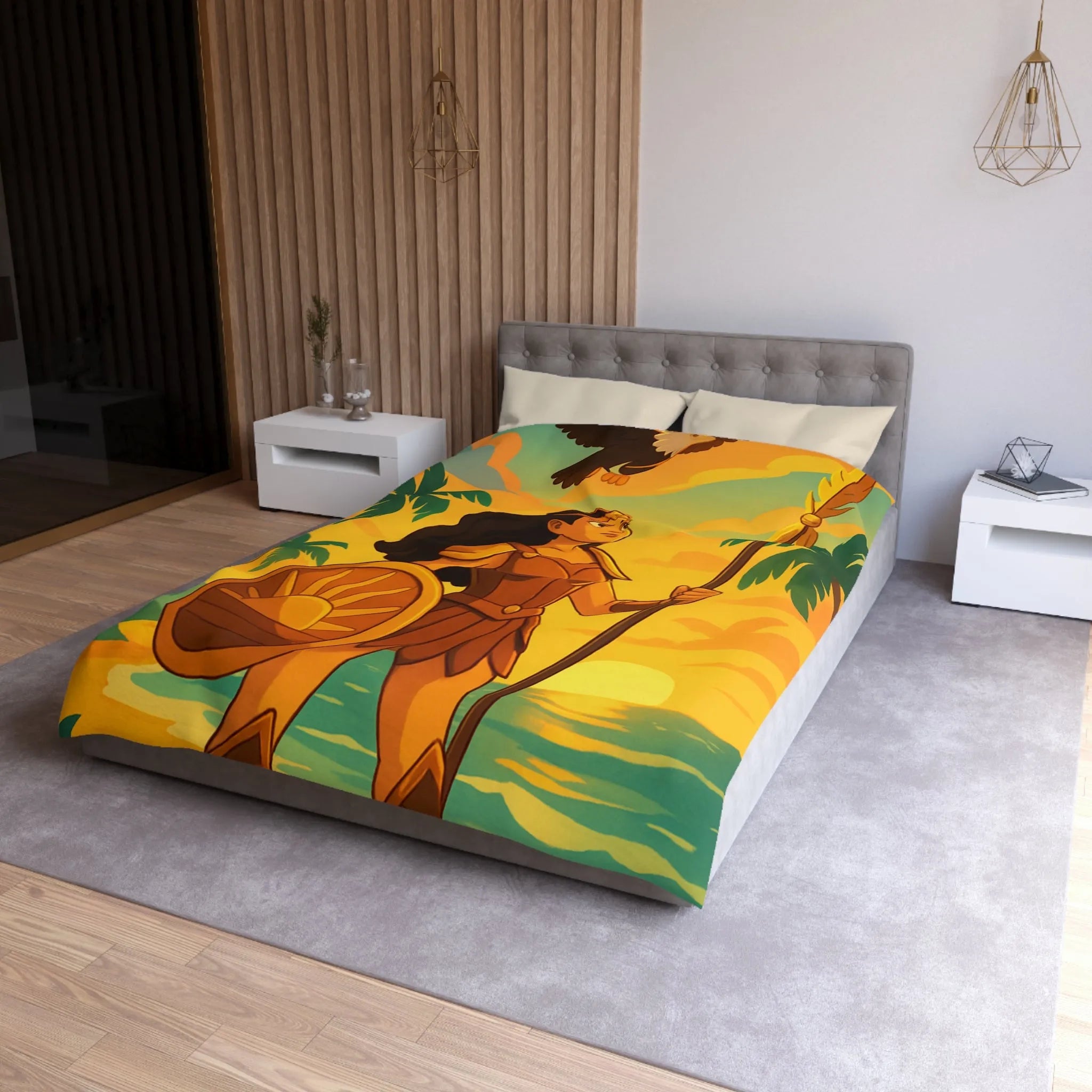 Housse de couette avec guerrière et aigle au coucher du soleil sur la plage