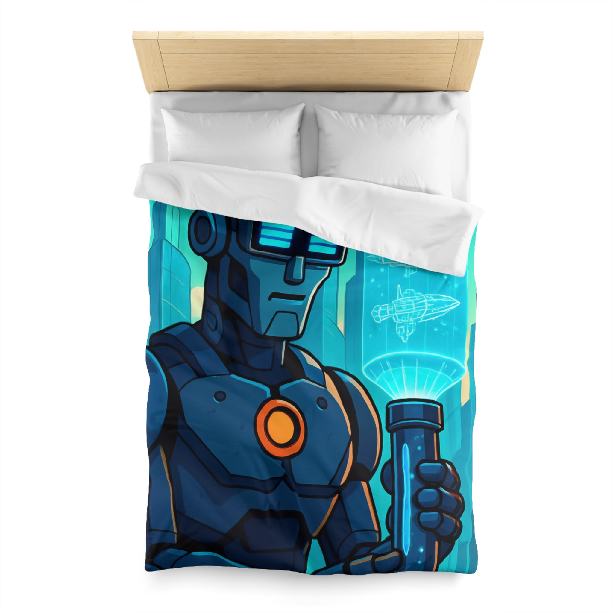 Housse de Couette Thème Robotique Futuriste avec Paysage Urbain et Drones Volants