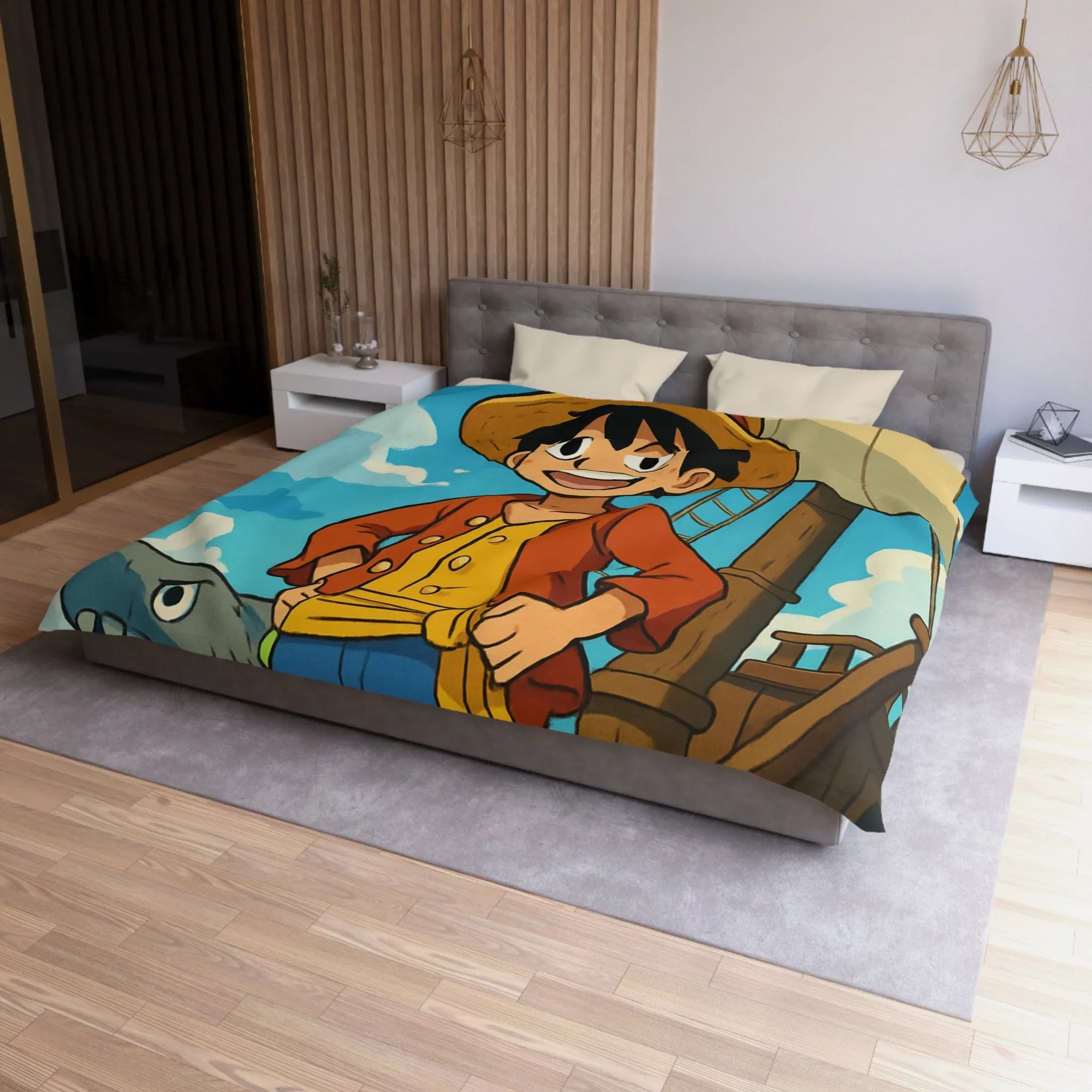 Housse de Couette Anime Pirate Enfant Aventure Bateau Mer Ciel Bleu Nuages