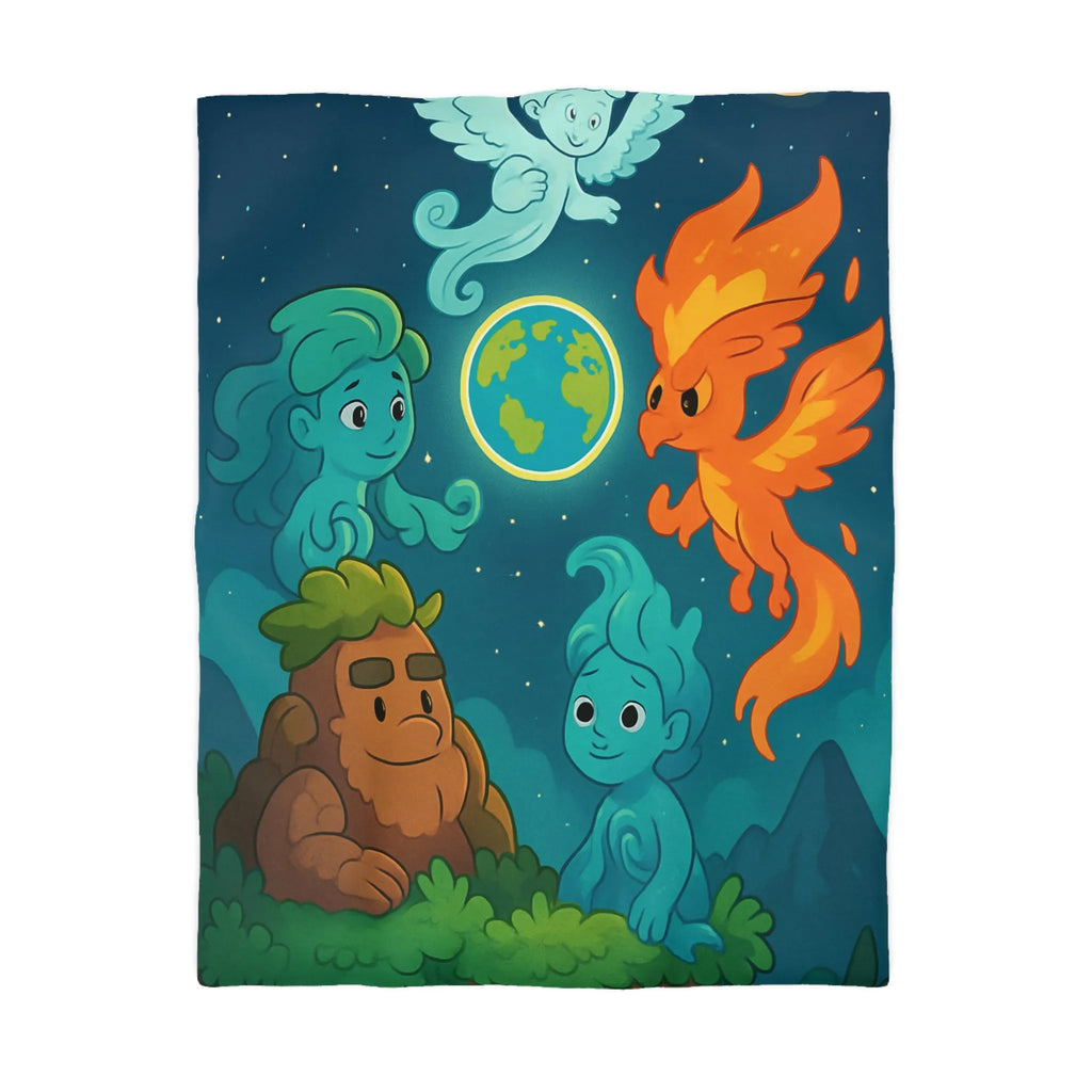 Housse de Couette Éléments Fantastiques pour Chambre Enfants avec Terre et Créatures Magiques