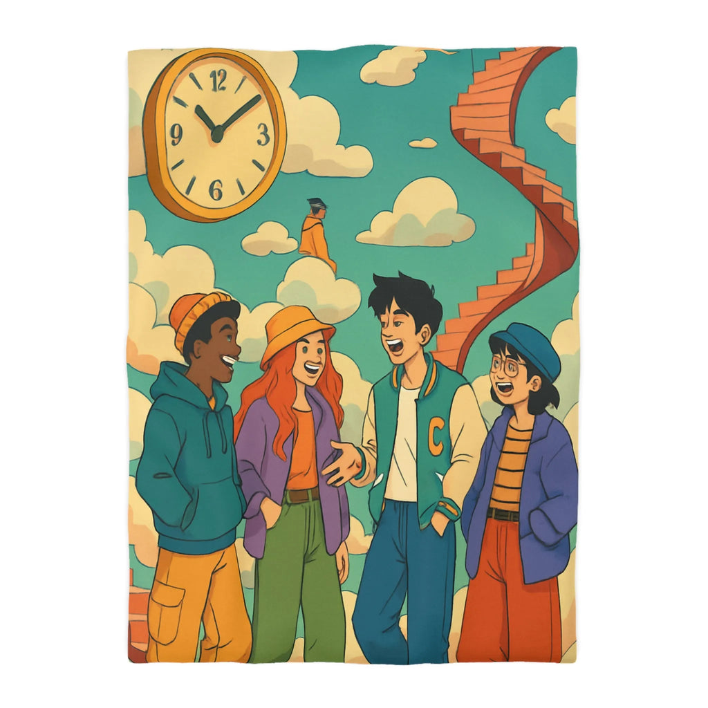 Housse de couette jeune amis rient sous escalier nuages horloge ciel bleu