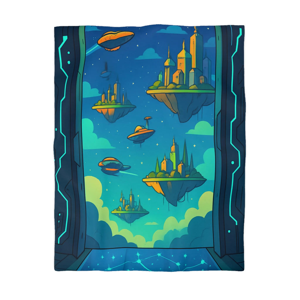Housse de couette futuriste avec cités flottantes sous ciel étoilé et vaisseaux spatiaux