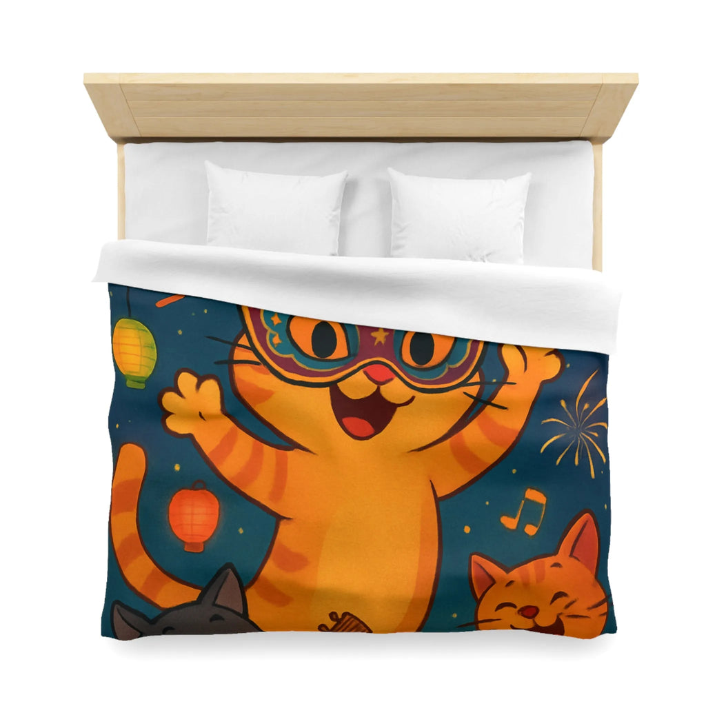 Housse de couette festive avec chats joyeux, feux d'artifice et lanternes colorées