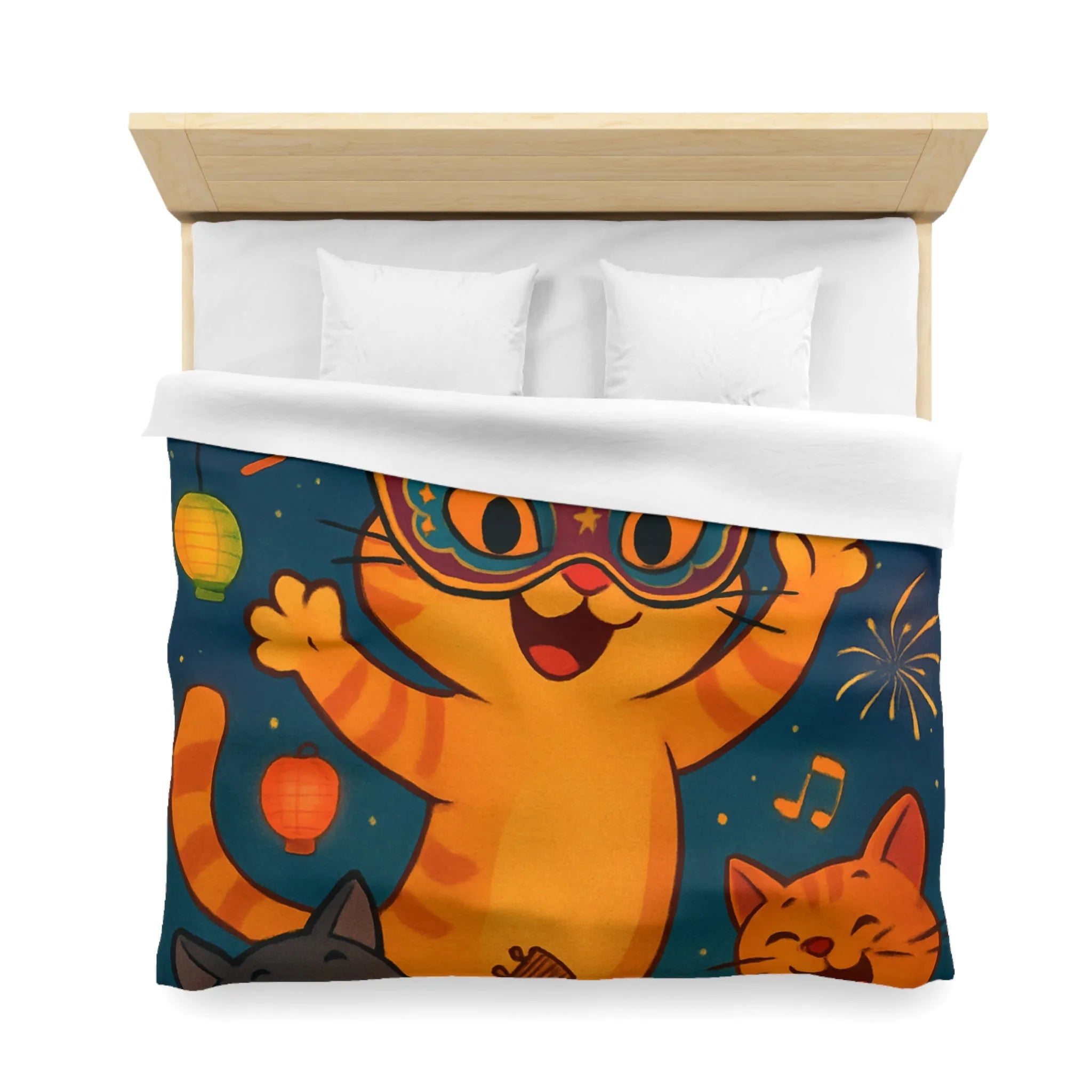 Housse de couette festive avec chats joyeux, feux d'artifice et lanternes colorées