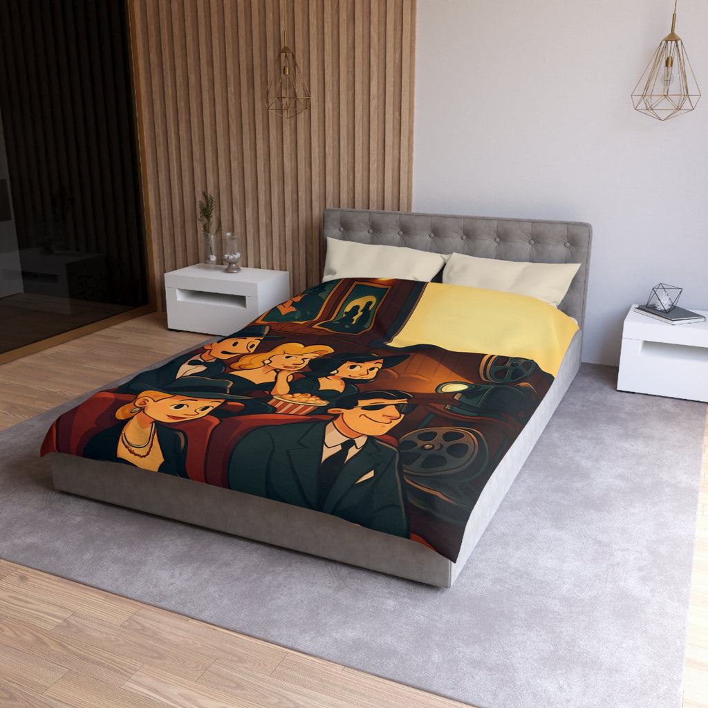 Housse de Couette Rétro Cinéma avec Scène de Spectateurs Élégants et Projecteur