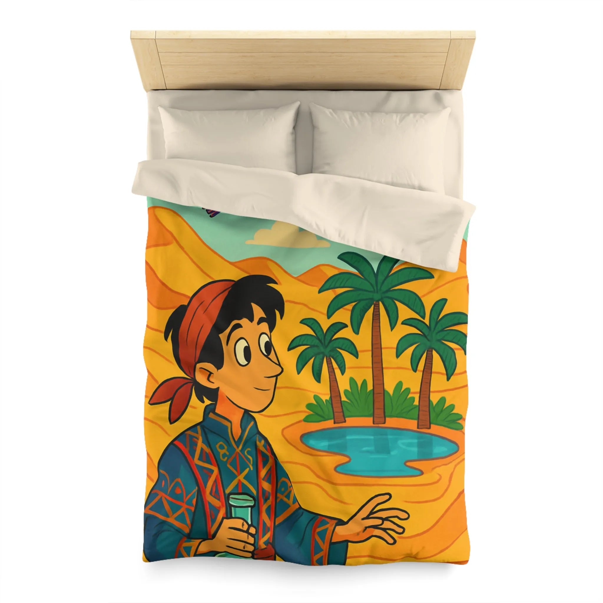 Housse de couette magique avec tapis volants et oasis sous ciel bleu désertique