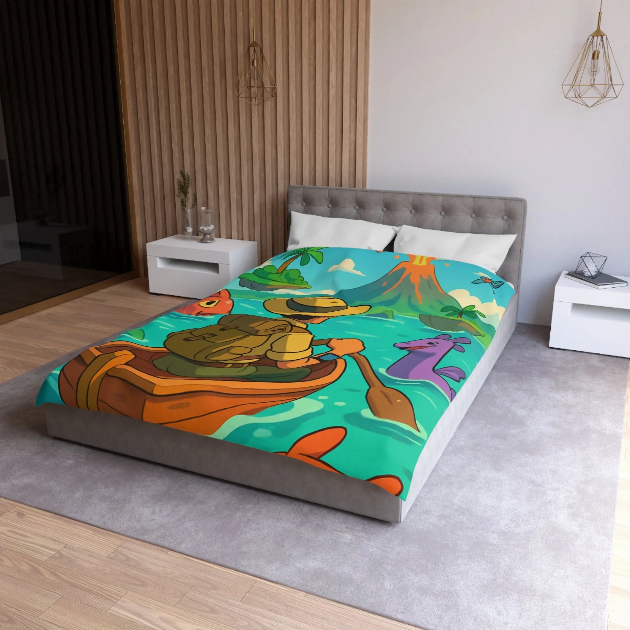Housse de couette île volcanique exotique avec aventurier et créatures marines colorées