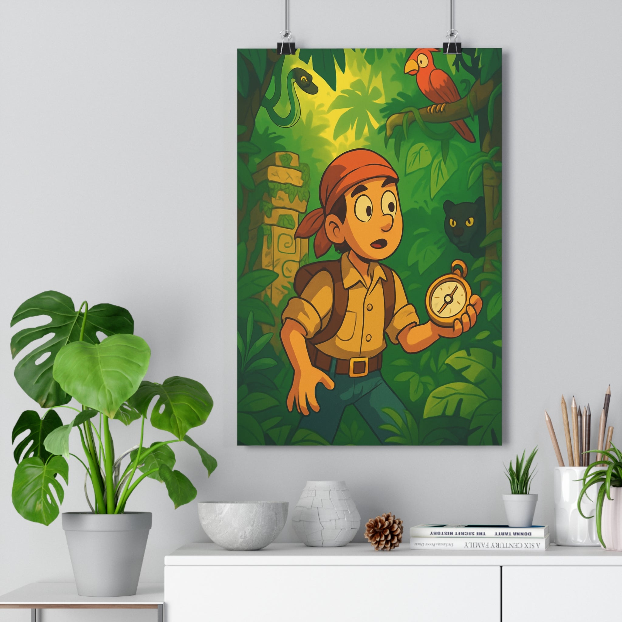 Poster décoratif aventurier vert jaune jungle mystique exotique chambre salon moderne tendance art qualité