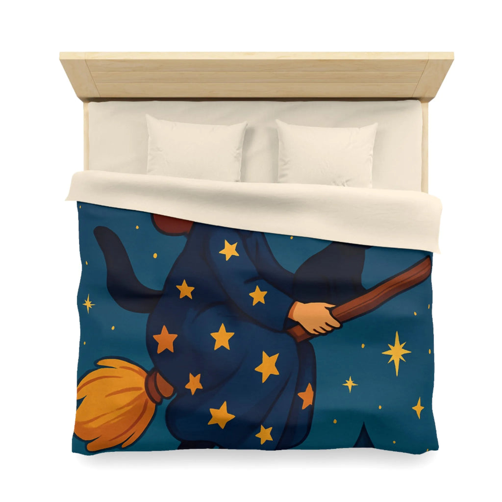 Housse de Couette Enfant Fantaisie Sorcière et Chat Noir sur Balai Nocturne