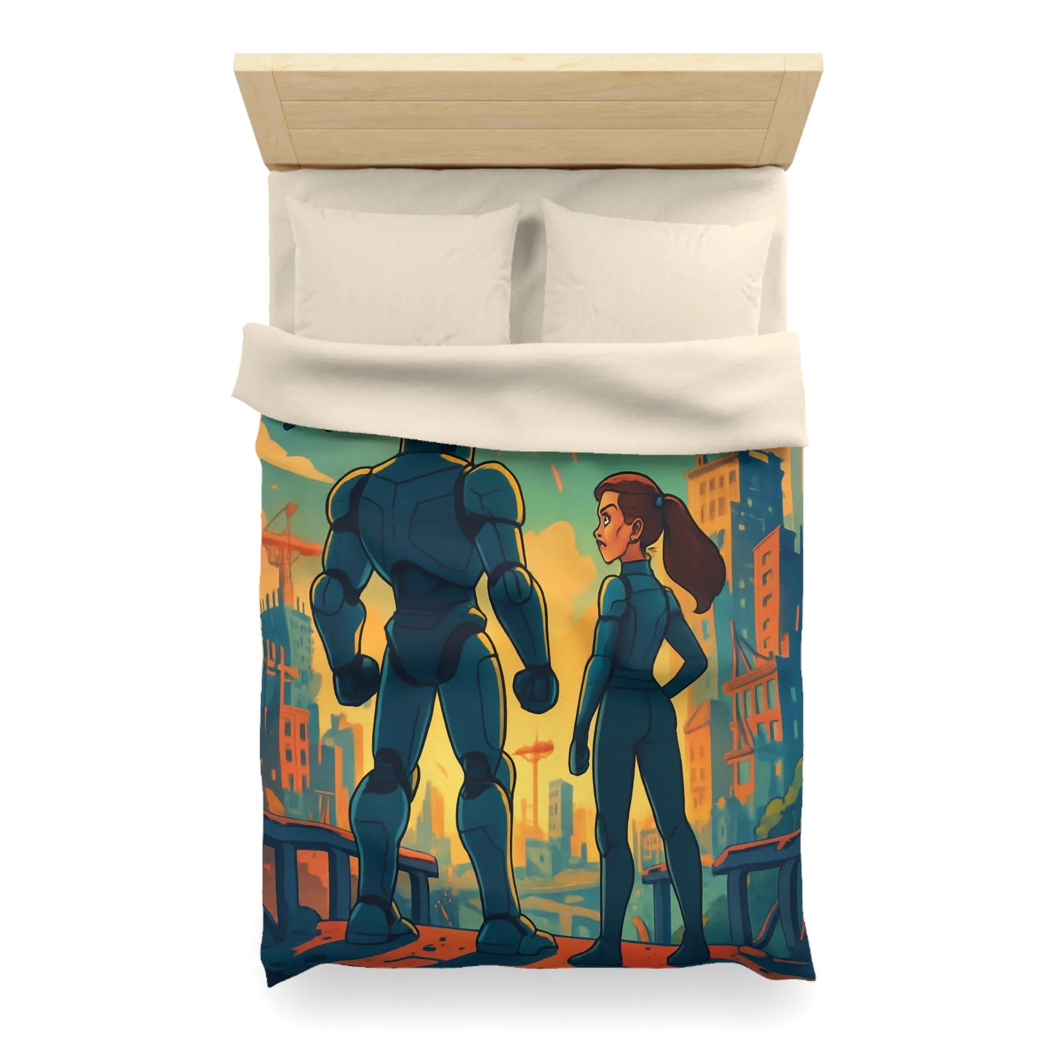 Housse de Couette Fine Imprimée Feux d’Artifice et Futuriste Ville Robotique Dessinée