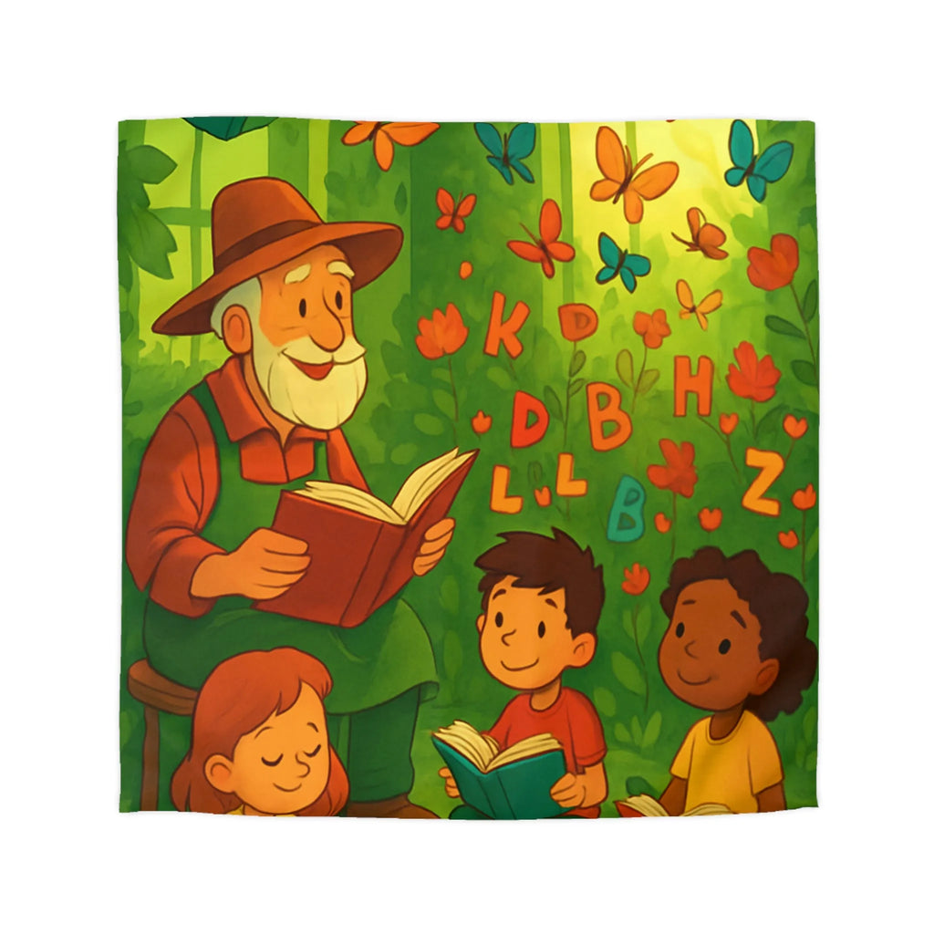 Housse de couette éducative avec scène de lecture, papillons et nature verdoyante