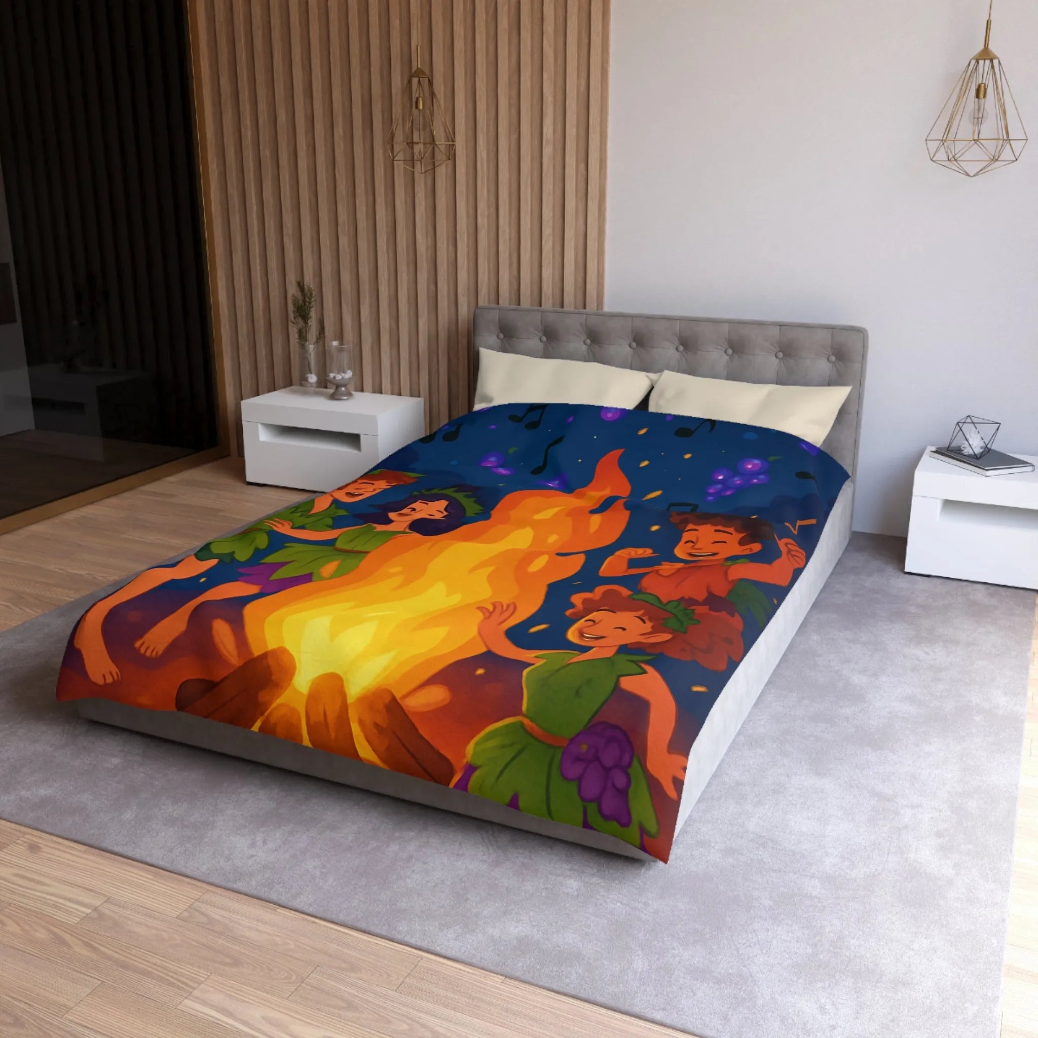 Housse de couette joyeuse autour d'un feu de camp avec enfants et raisins dansants