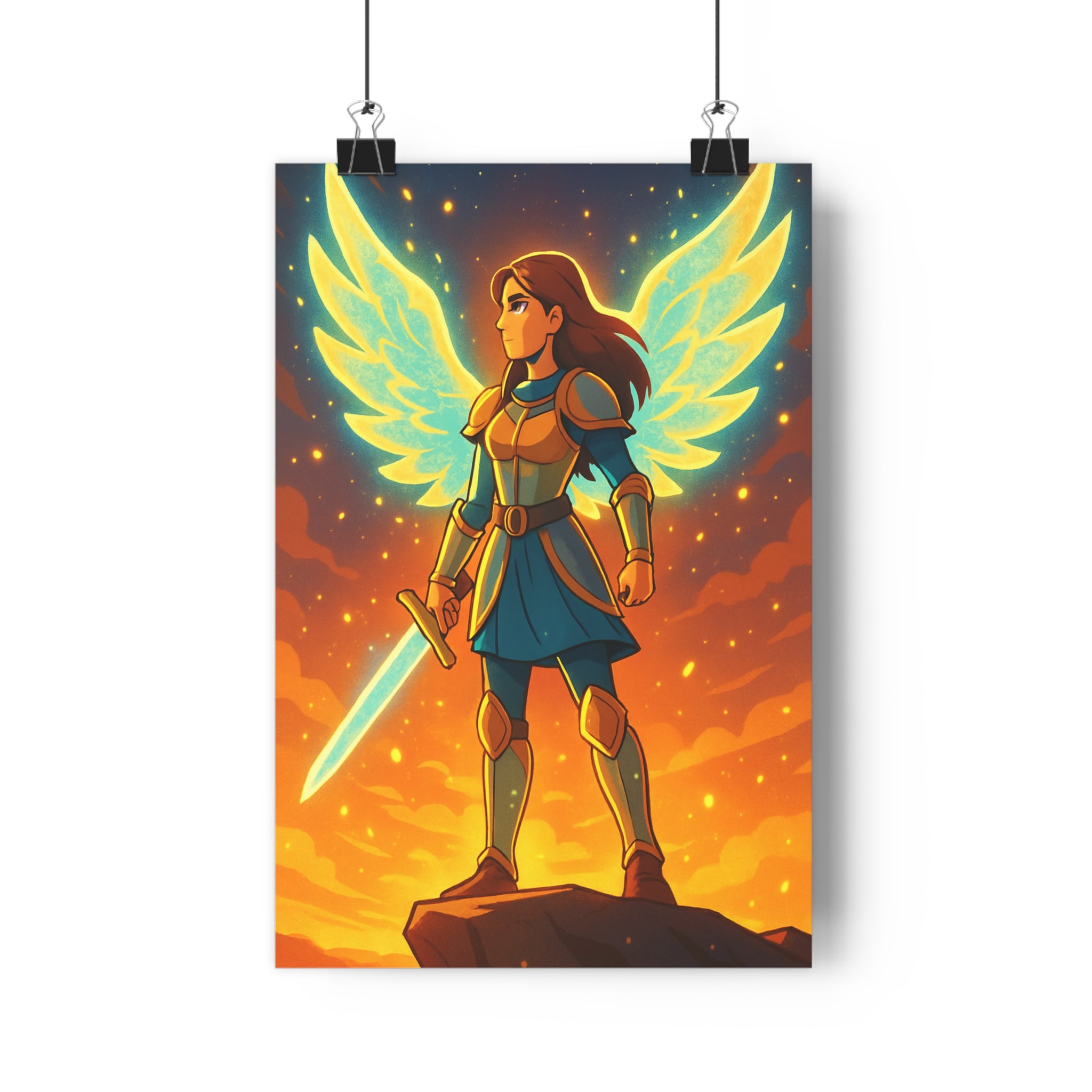 Poster décoratif guerrière lumière épique fantastique animé doré bleu bureau chambre épée lumineuse qualité