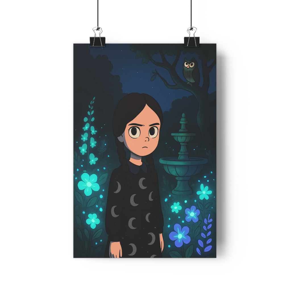 Poster décoratif nocturne jardin enchanté fille fleurs lumineuses hibou chambre enfant magique 30x46 qualité