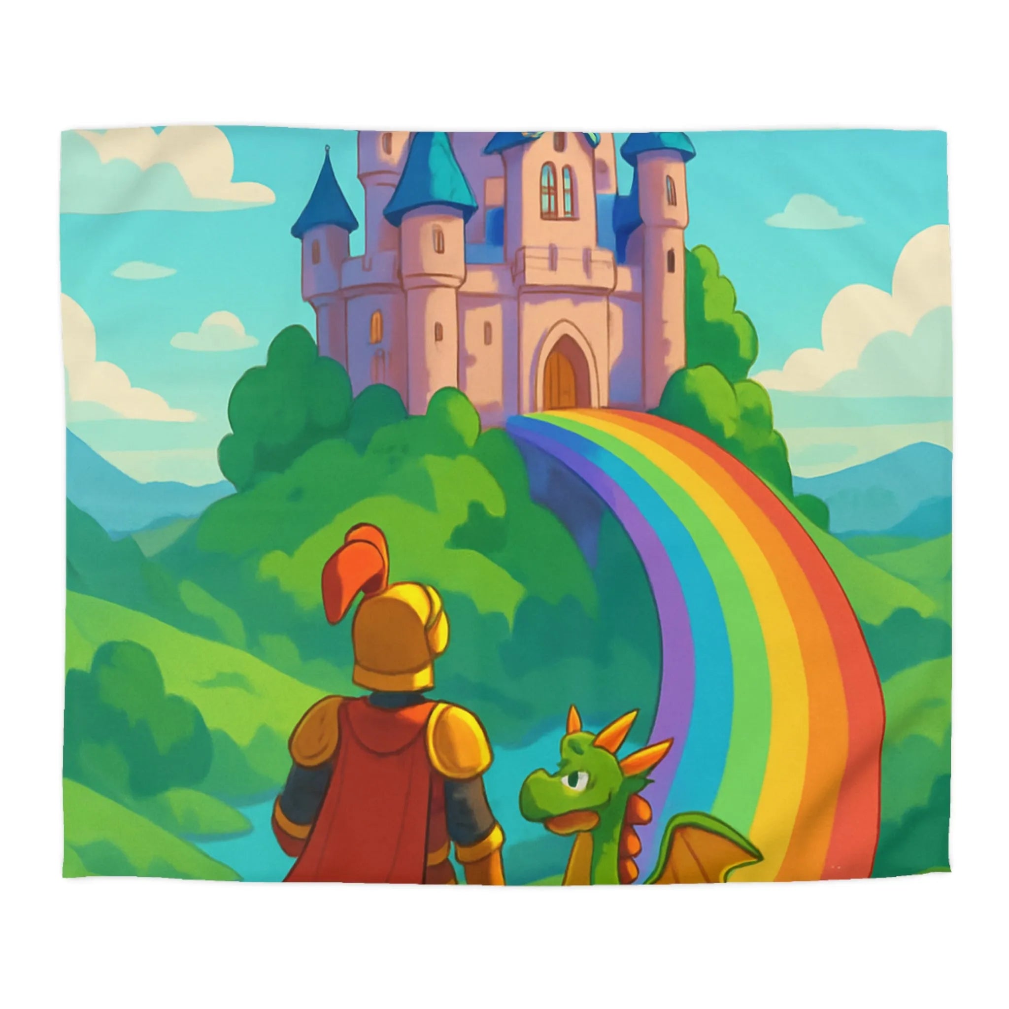 Housse de couette féérique avec chevalier, dragon et château sur arc-en-ciel magique