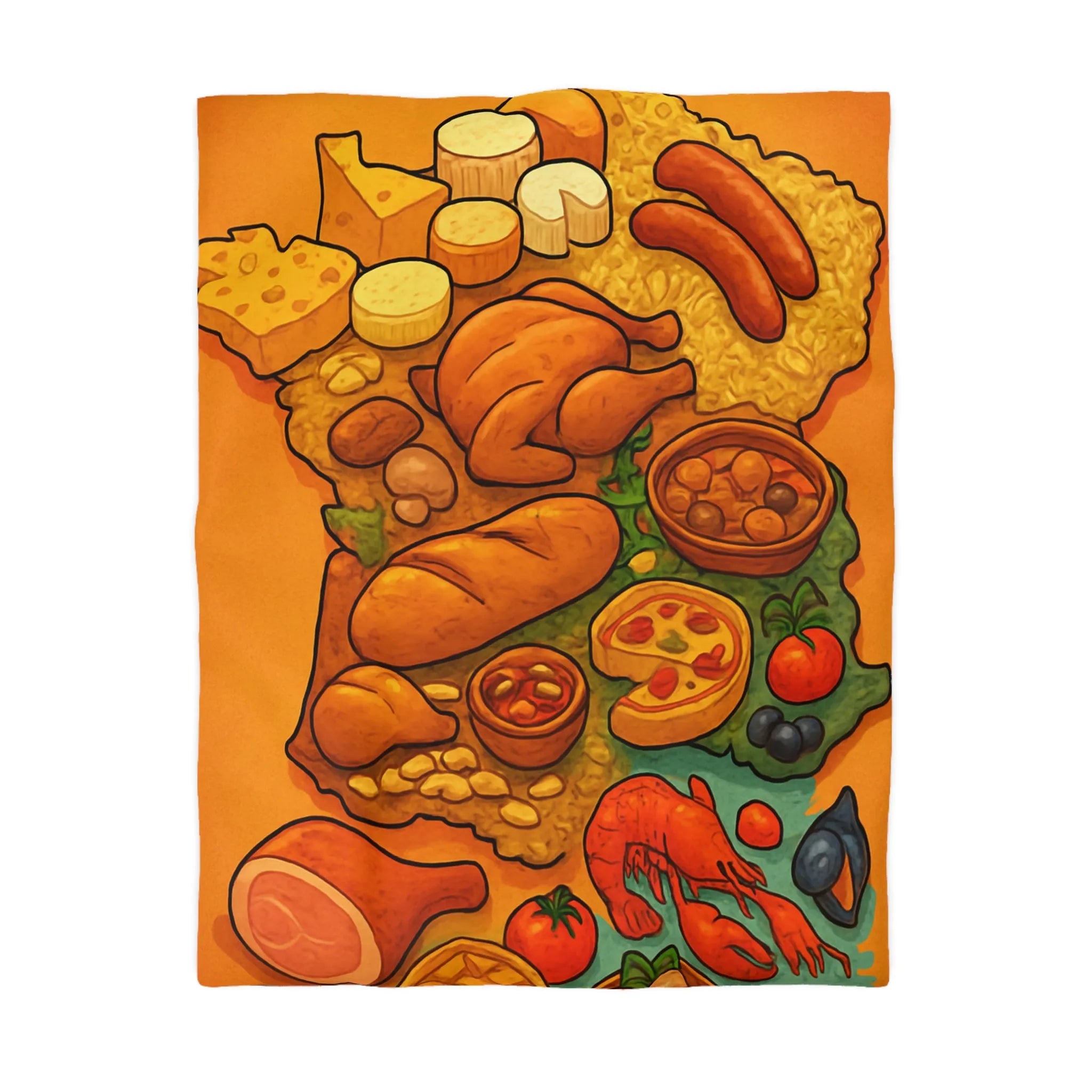 Housse de Couette Carte de France Gastronomique Colorée Illustrant Délices Culinaires Régionaux