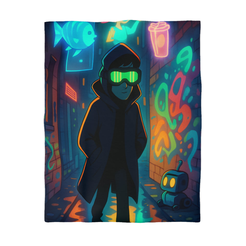 Housse de couette néon, ruelle urbaine cyberpunk avec technologie futuriste et graffitis colorés