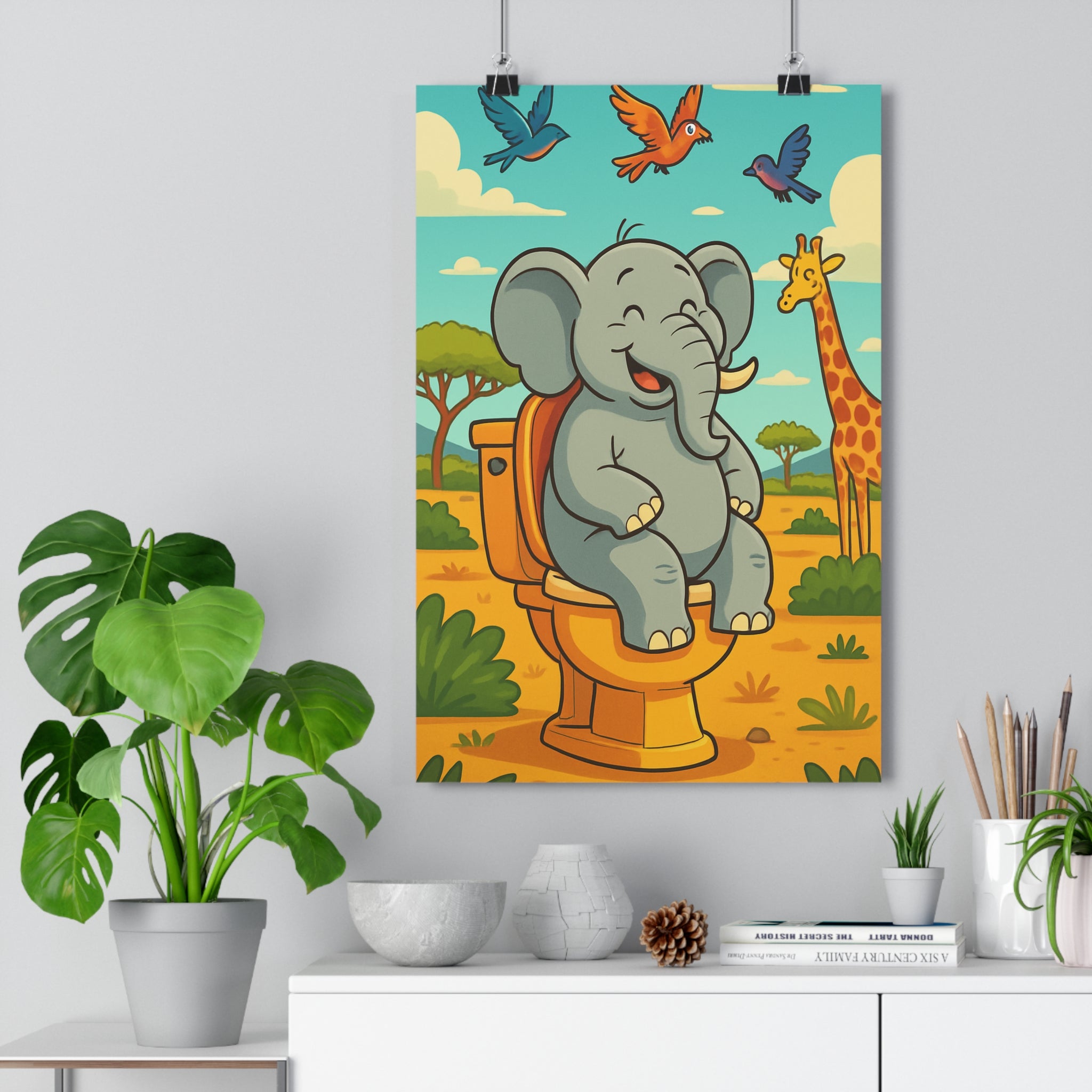 Poster décoratif dessin animé éléphant girafe oiseaux bleu safari humour toilettes paisible ludique ambiance