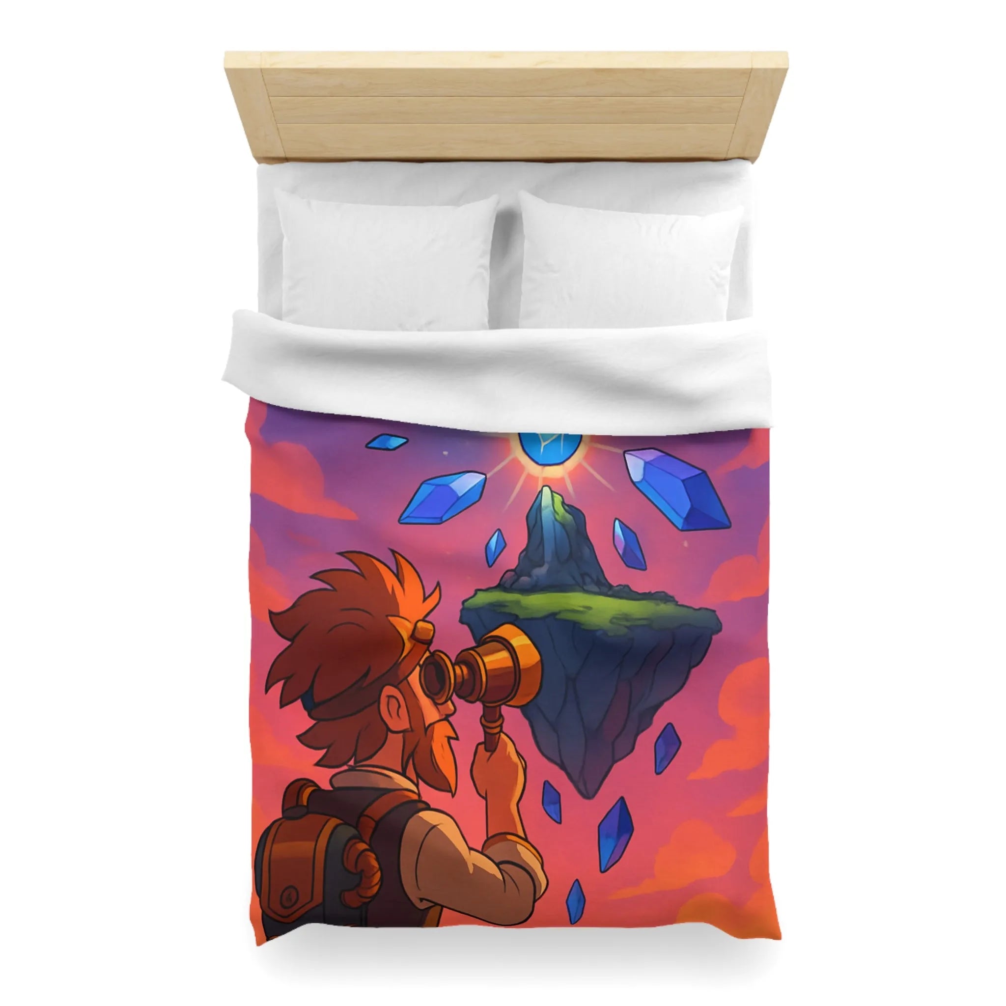 Housse de couette aventure fantastique avec cristaux flottants et scientifique explorateur