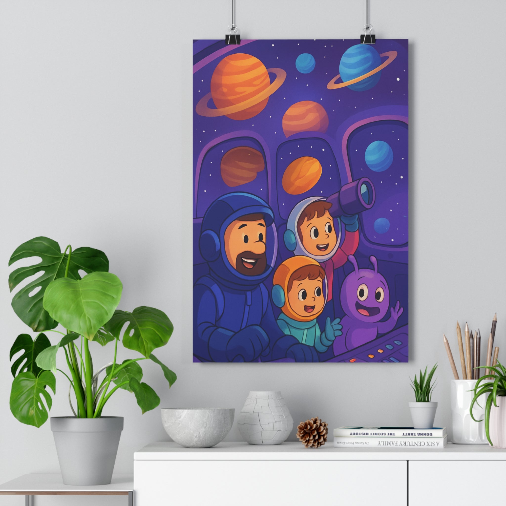 Poster décoratif cartoon galactique orange bleu joyeux chambre enfant aventure familial exploration cosmos étoiles
