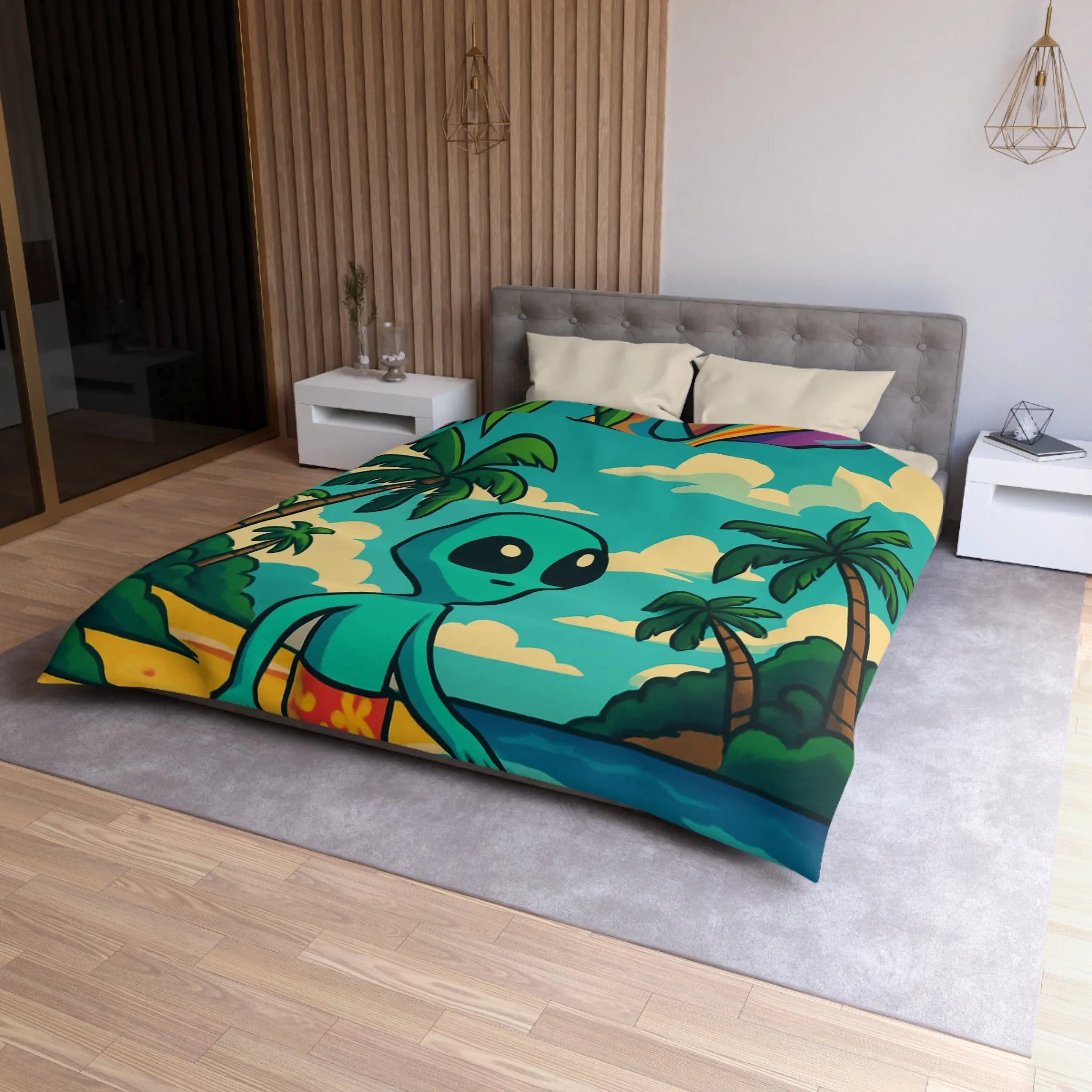 Housse de Couette Enfant Alien Plage Tropicale Planète Saturée Rêveur Ciel Imagination