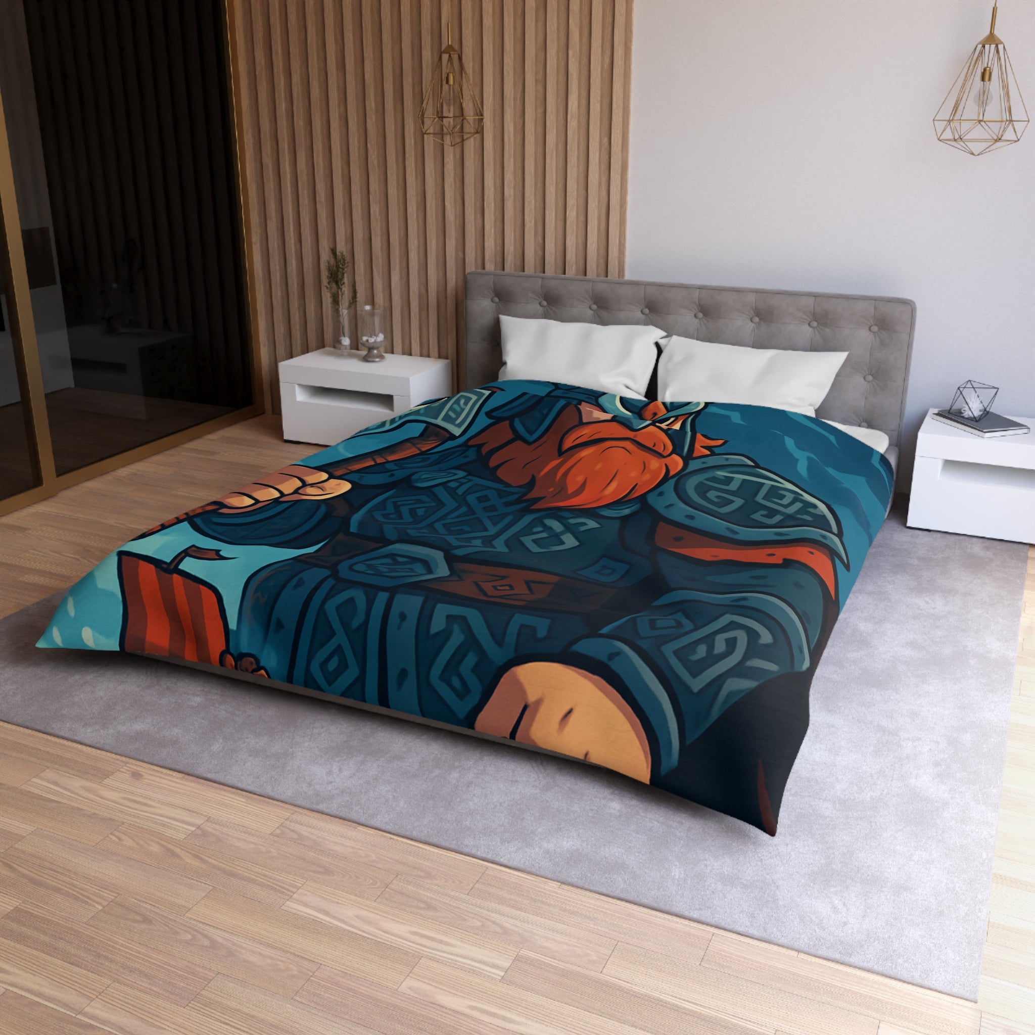 Housse de Couette Viking Illustrée avec Guerrier et Drakkar sur Fond Océan Tempétueux