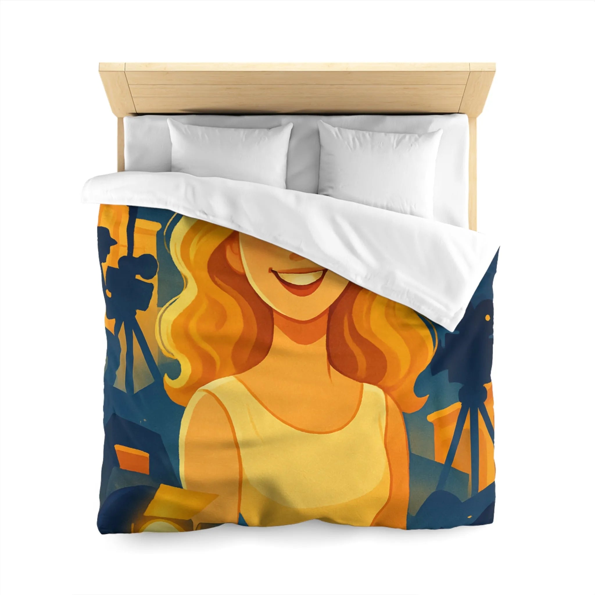 Housse de couette avec scène de tournage glamour et personnages stylisés illuminés