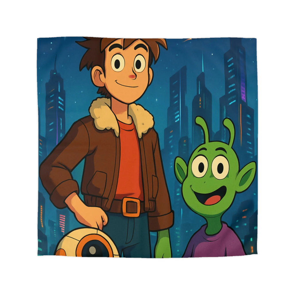 Housse de Couette Colorée avec Enfant et Alien, Aventures dans la Ville Futuriste