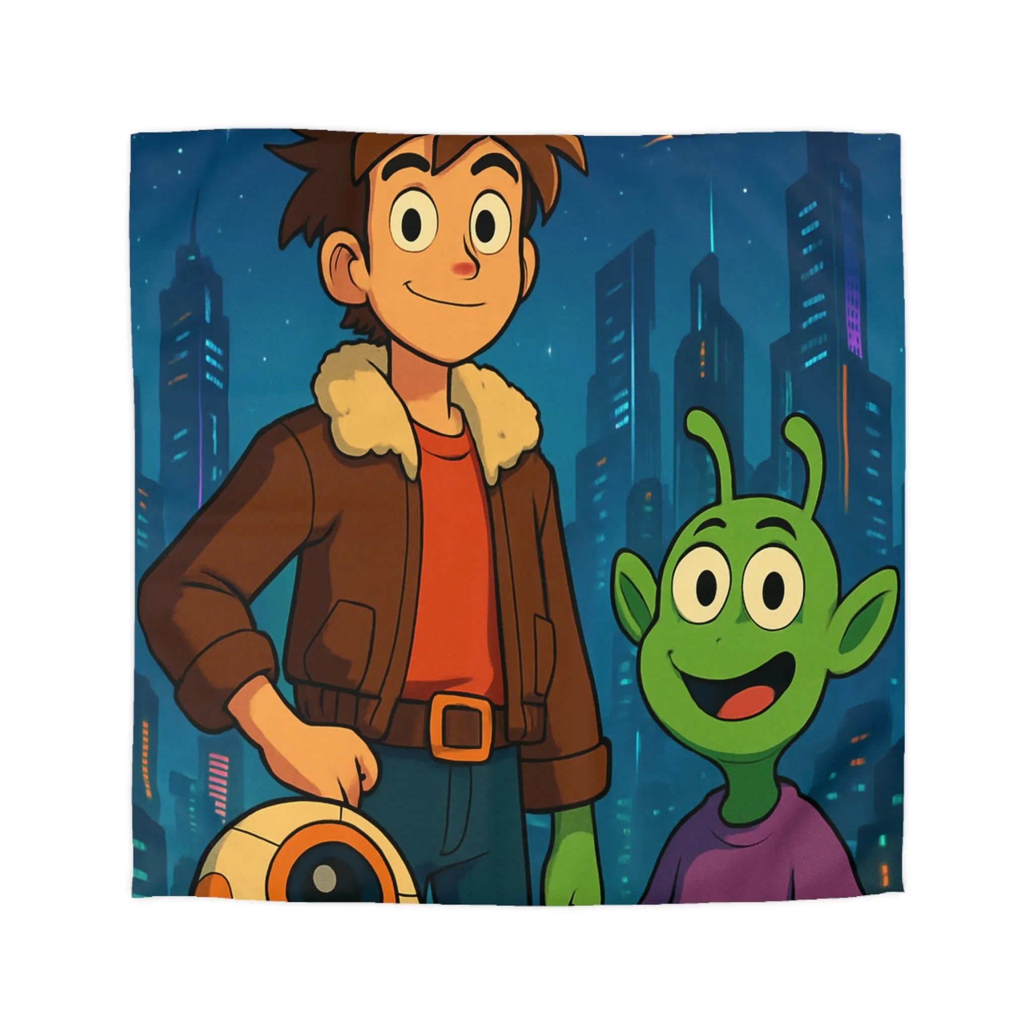 Housse de Couette Colorée avec Enfant et Alien, Aventures dans la Ville Futuriste