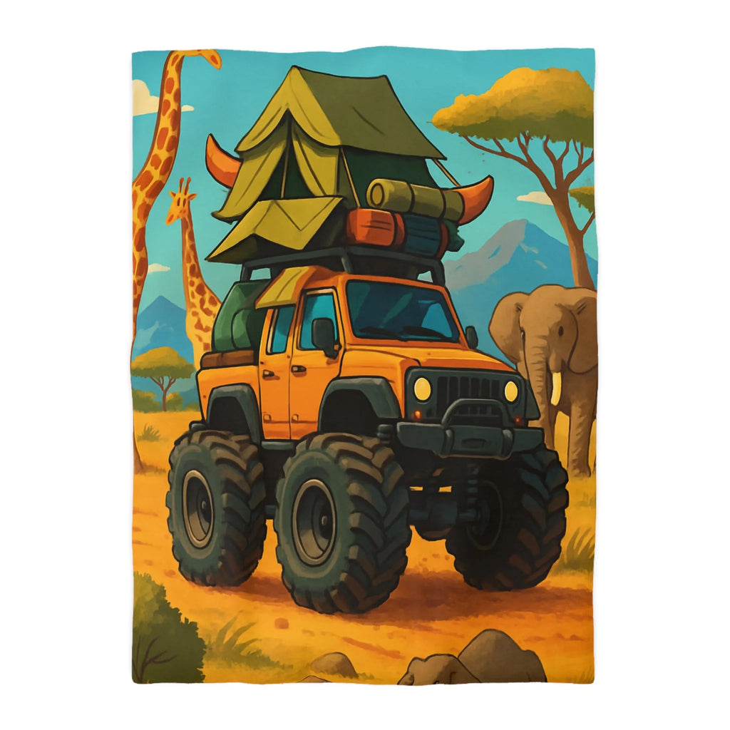 Housse de couette colorée avec véhicule tout-terrain et animaux dans la savane africaine