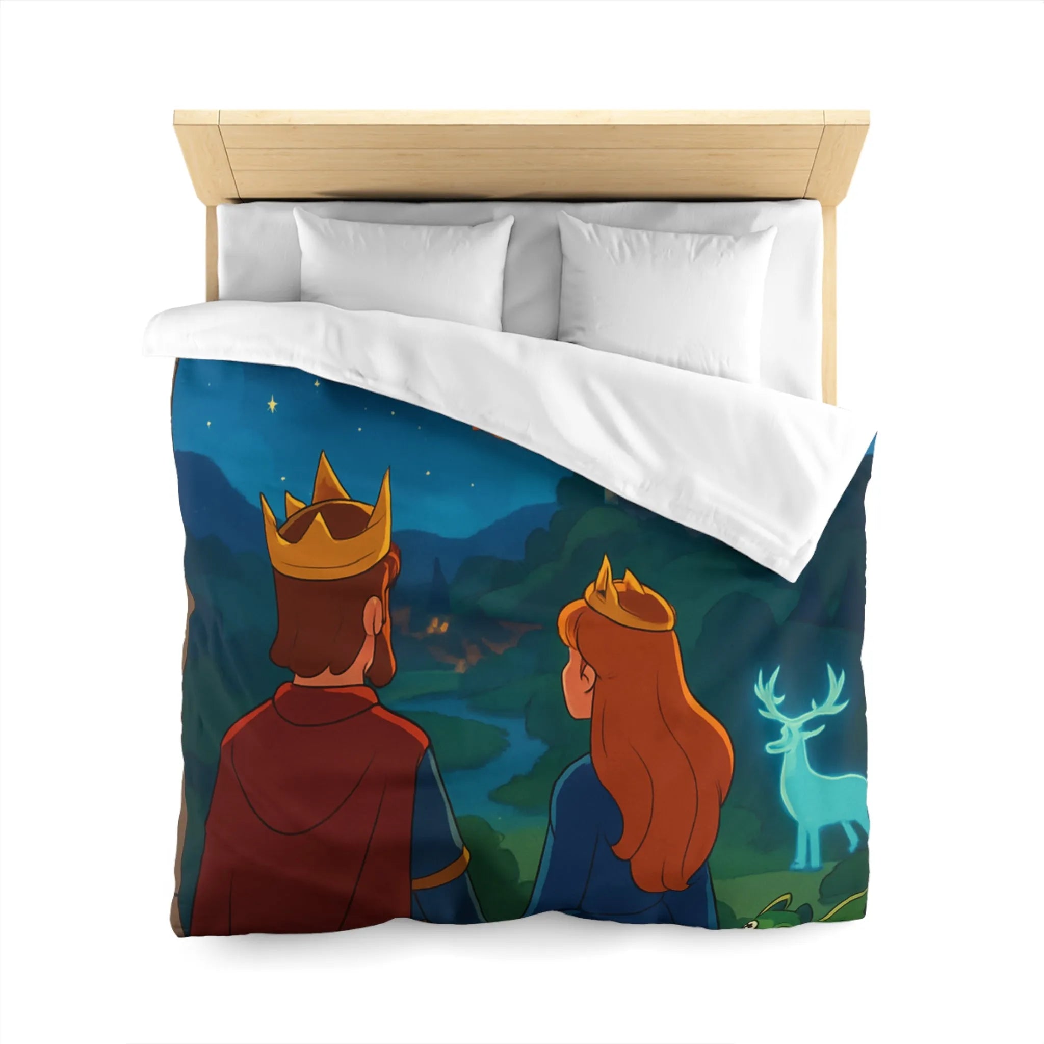 Housse de couette magique avec roi, reine et château sous ciel étoilé enchanté