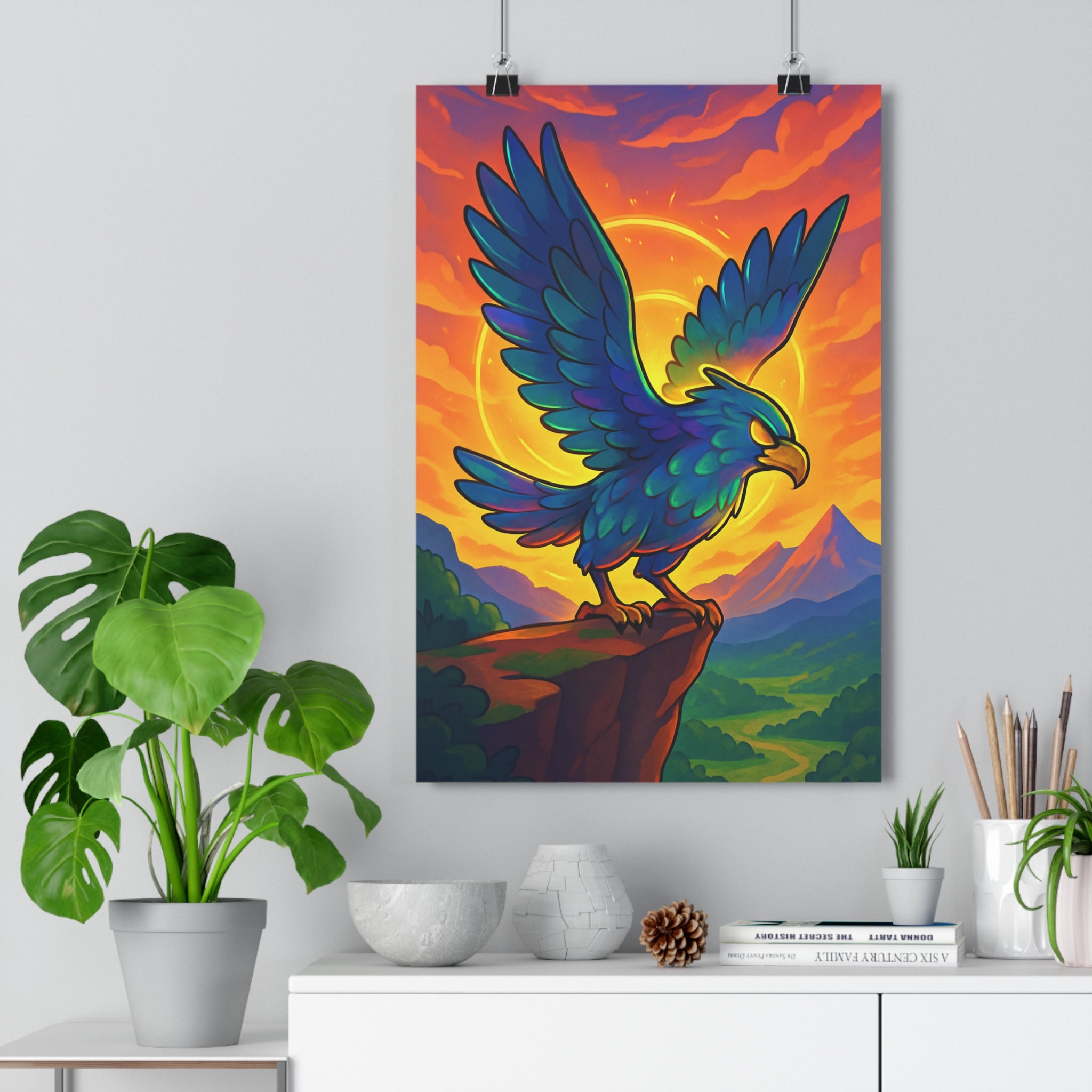 Poster décoratif oiseau cartoon bleu vert flamboyant salon chambre naturel vibrant coloré majestueux qualité