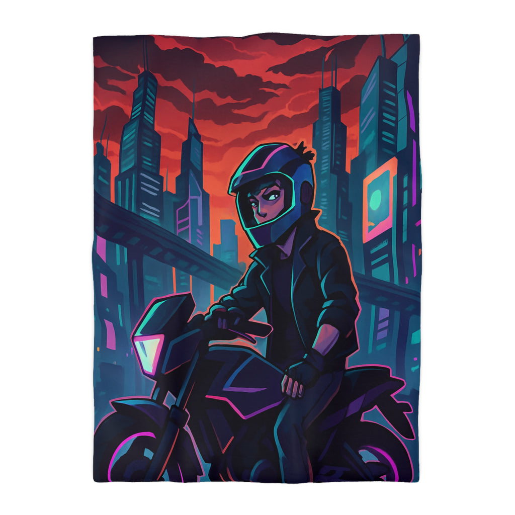 Housse de couette urbaine avec motard futuriste dans une ville de néons colorés