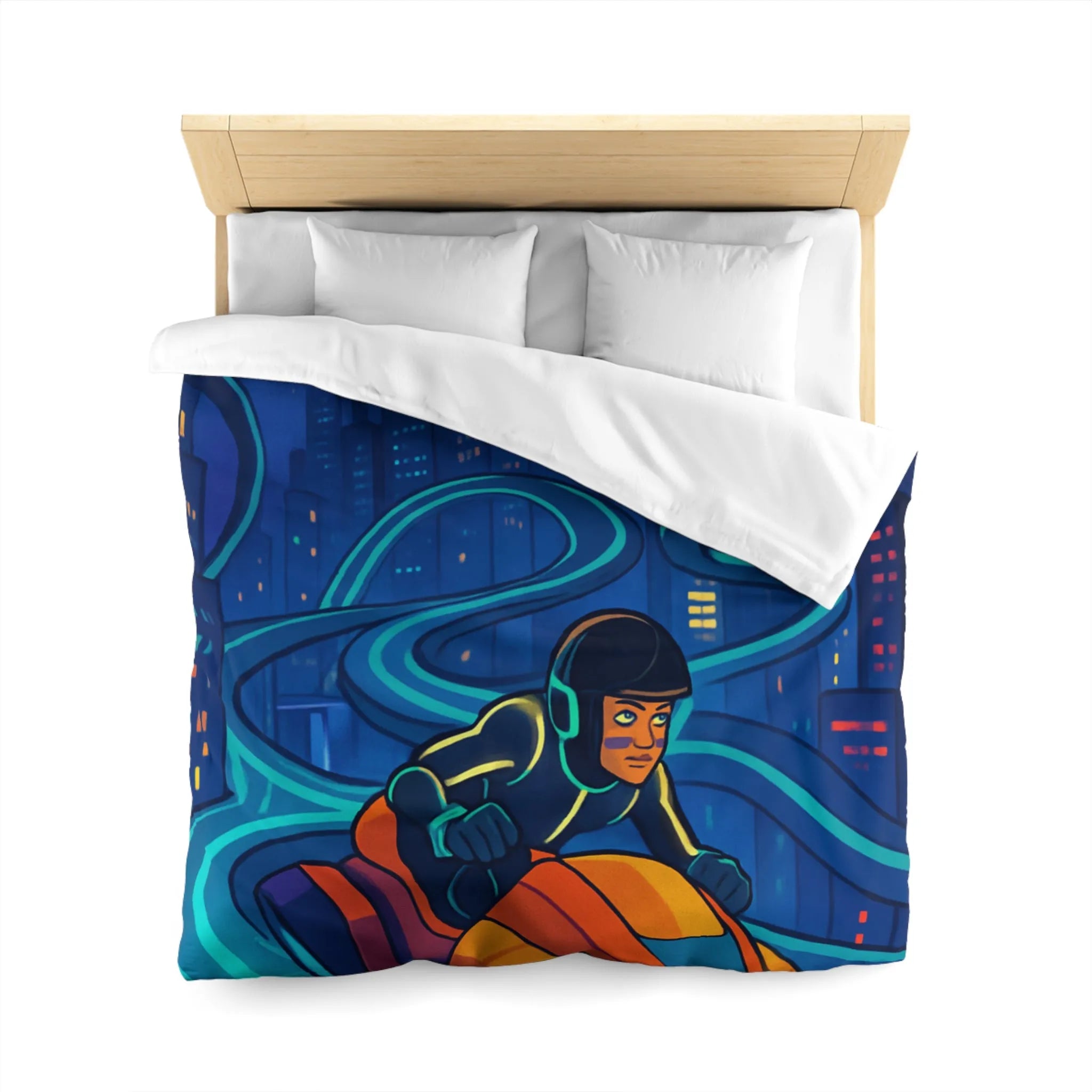 Housse de couette futuriste moto volante dans ville éclairée aux néons