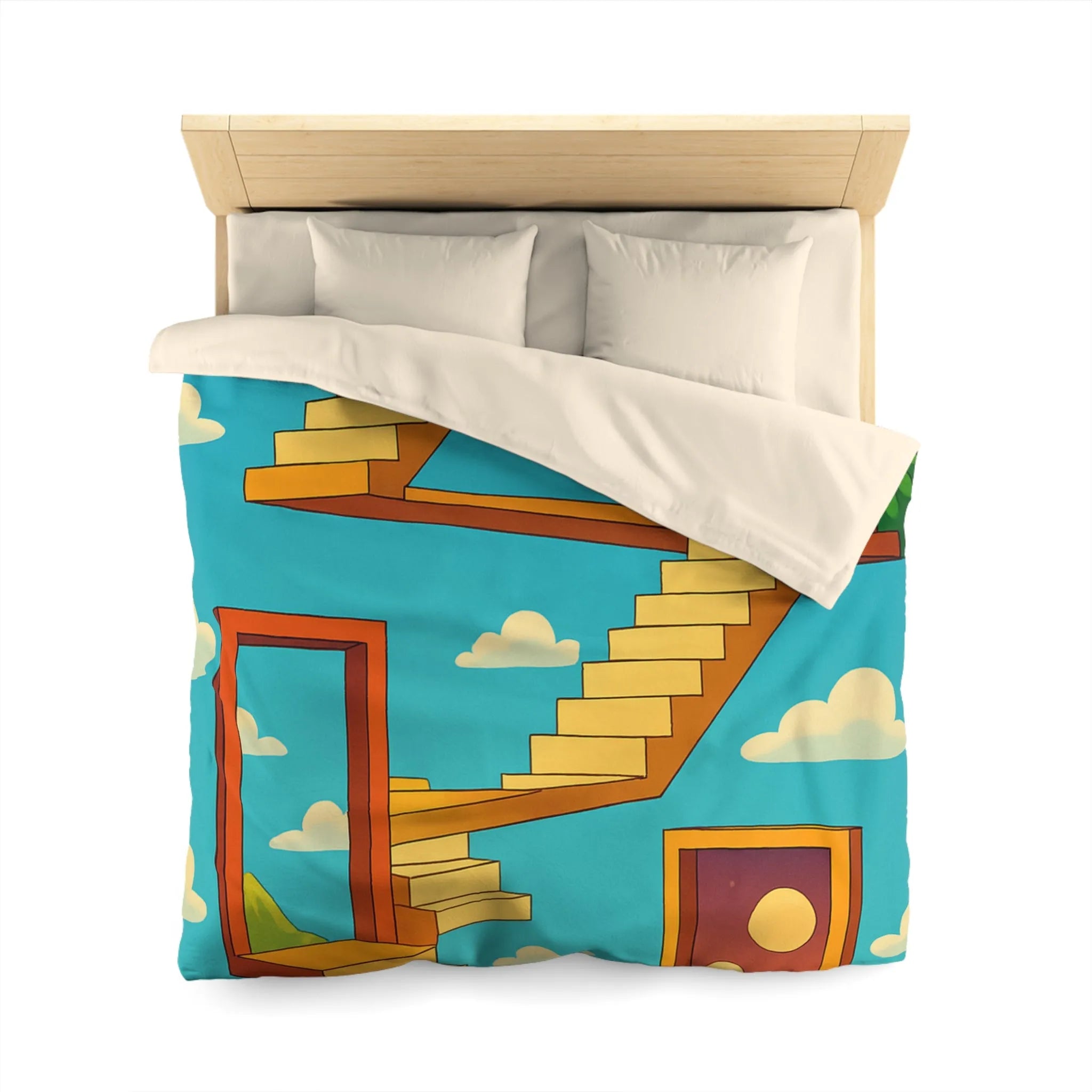 Housse de couette avec escaliers infinis et paysage surréaliste, ciel étoilé