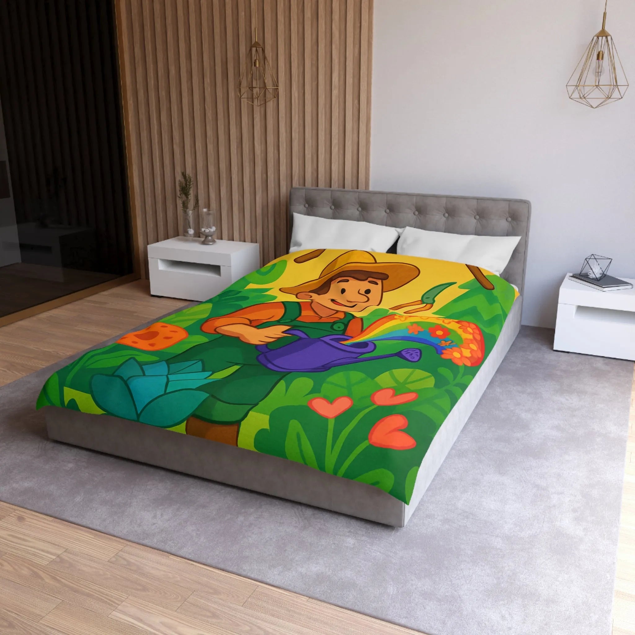 Housse de Couette Colorée avec Dessin Jardinier Arrosant des Fleurs et Arc-en-Ciel